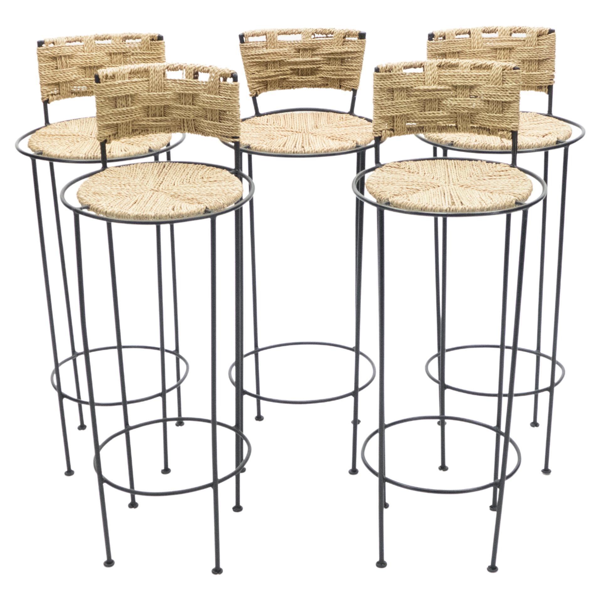Set of 5 French Bar Stools Rope and Metal by Audoux Minet, 1950s