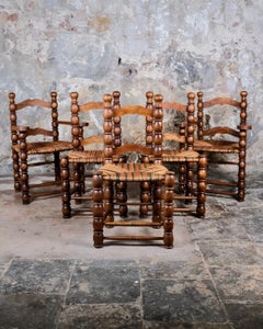 Set of 5 French bobbin chairs in the style of Charles Dudouyt, 1940-50s