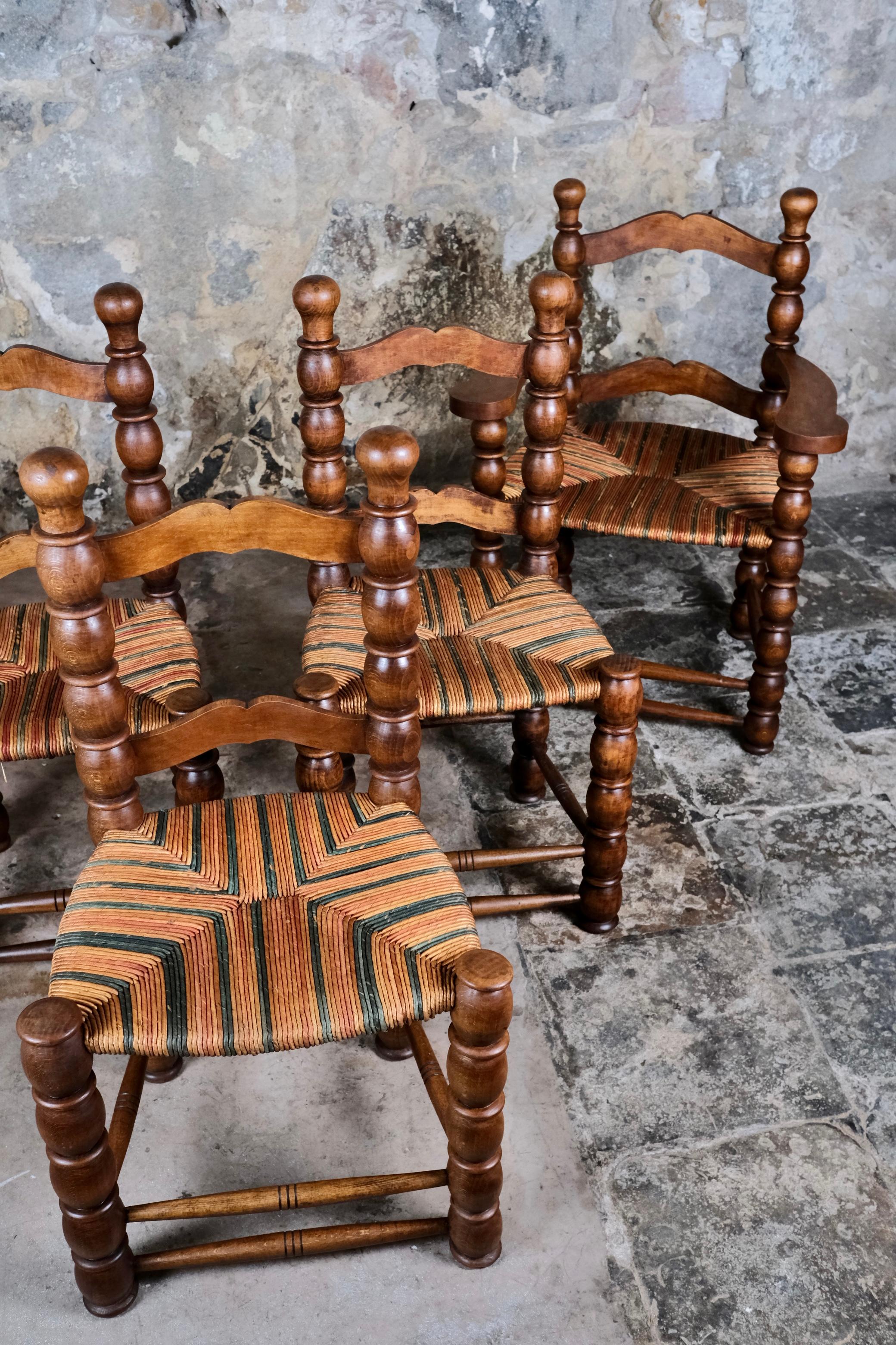 French Provincial Set of 5 French bobbin chairs in the style of Charles Dudouyt, 1940-50s For Sale