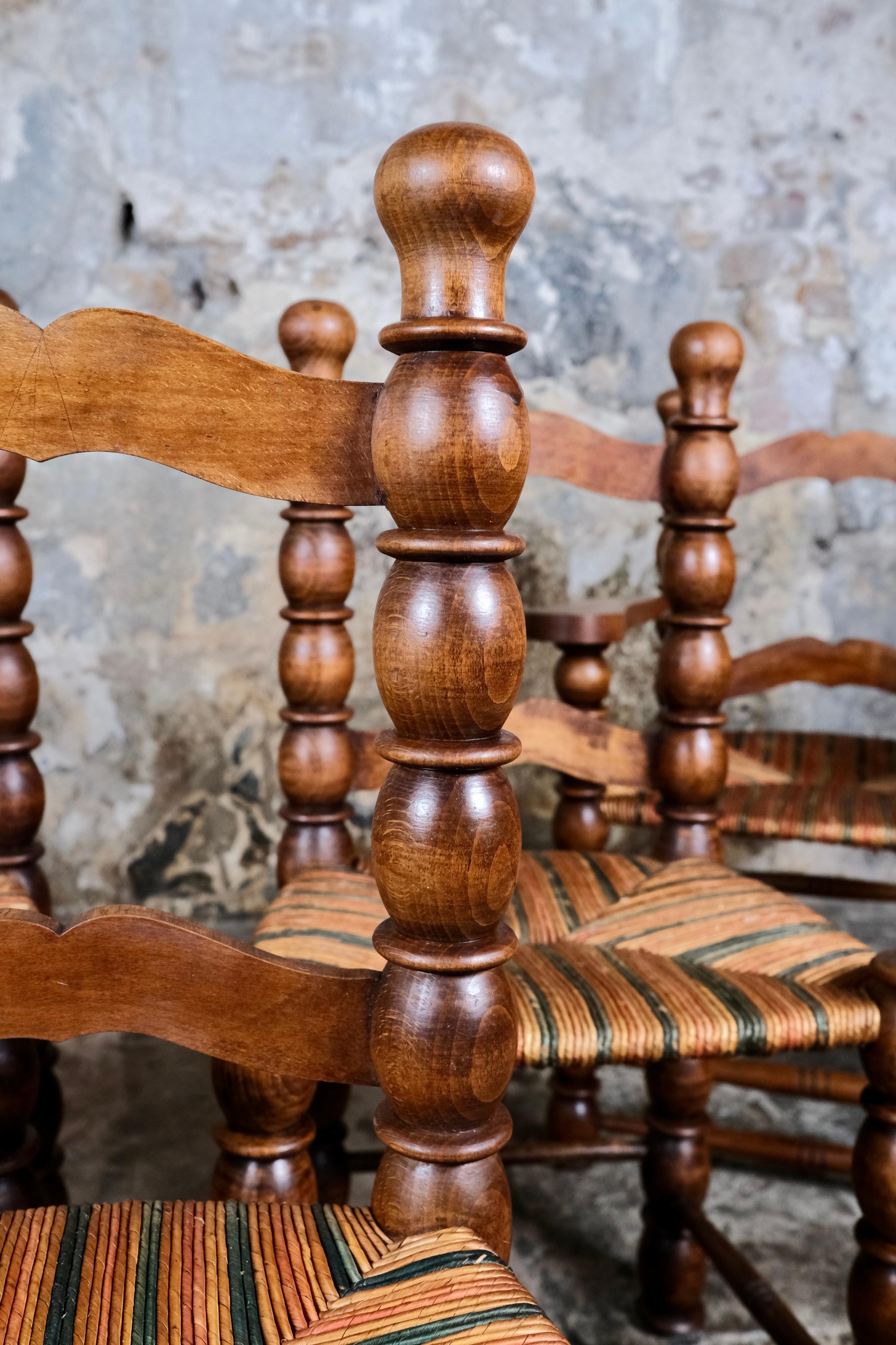 Turned Set of 5 French bobbin chairs in the style of Charles Dudouyt, 1940-50s For Sale