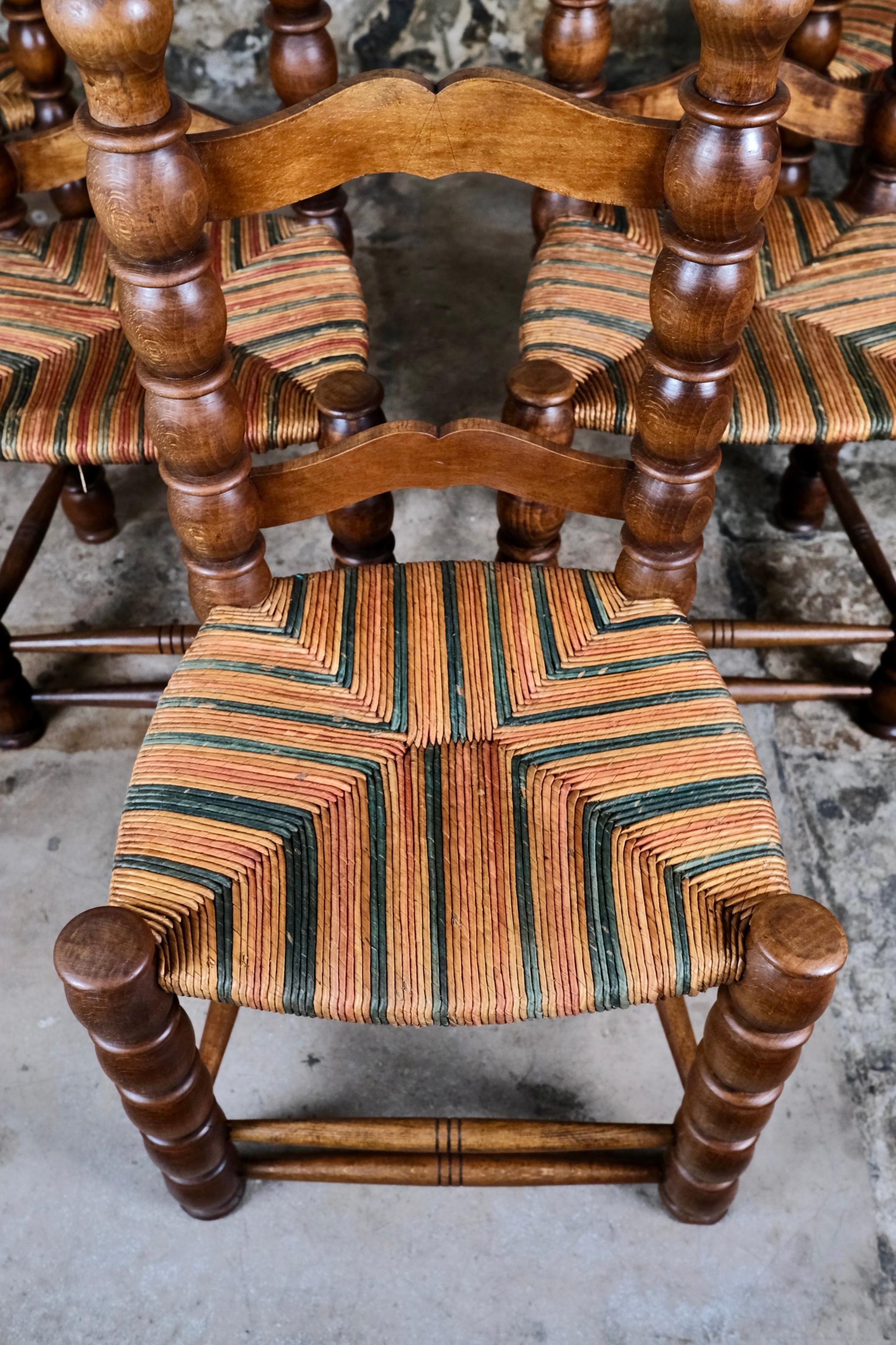 Set of 5 French bobbin chairs in the style of Charles Dudouyt, 1940-50s In Good Condition For Sale In Lyon, FR