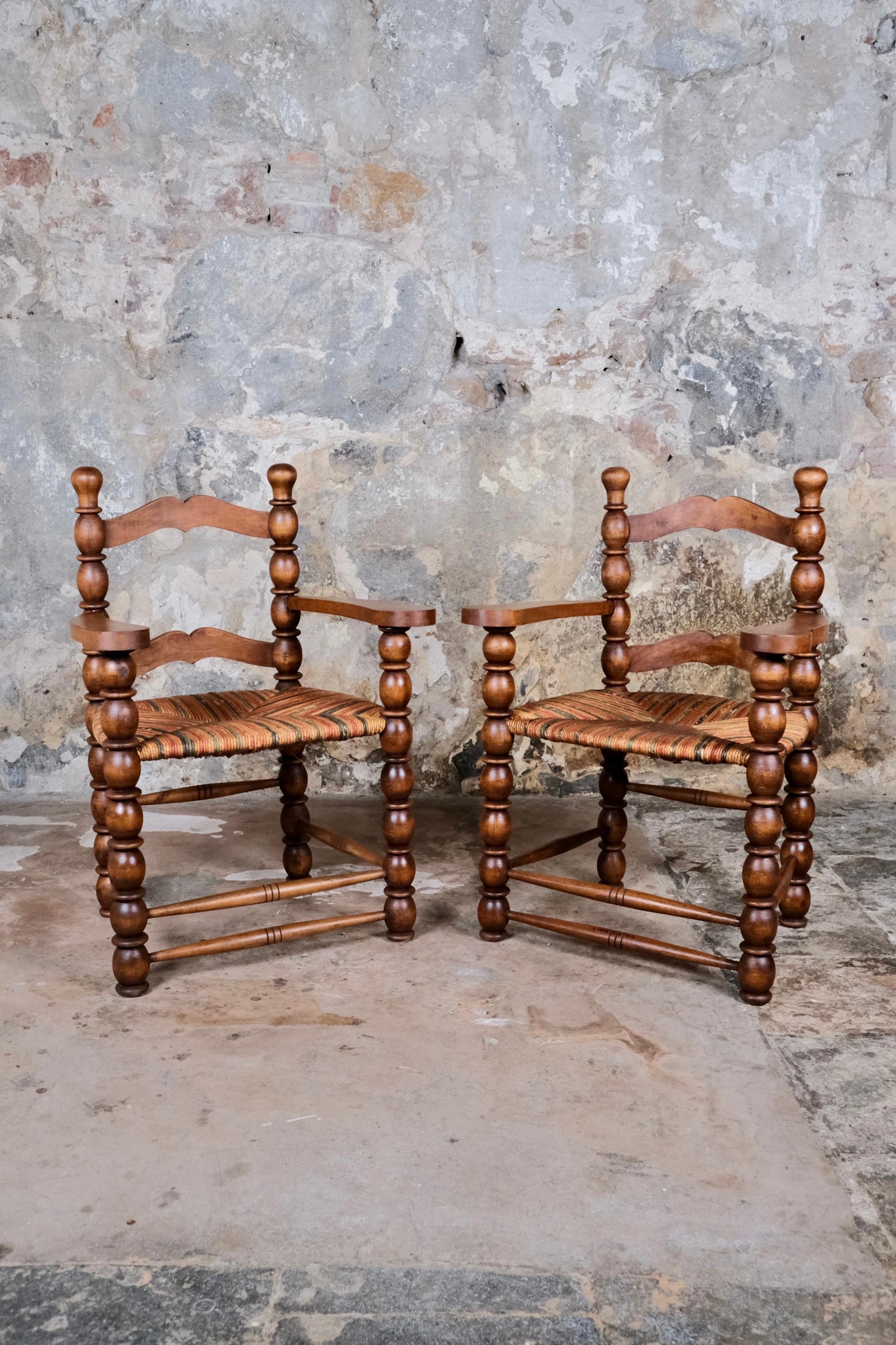 Straw Set of 5 French bobbin chairs in the style of Charles Dudouyt, 1940-50s For Sale