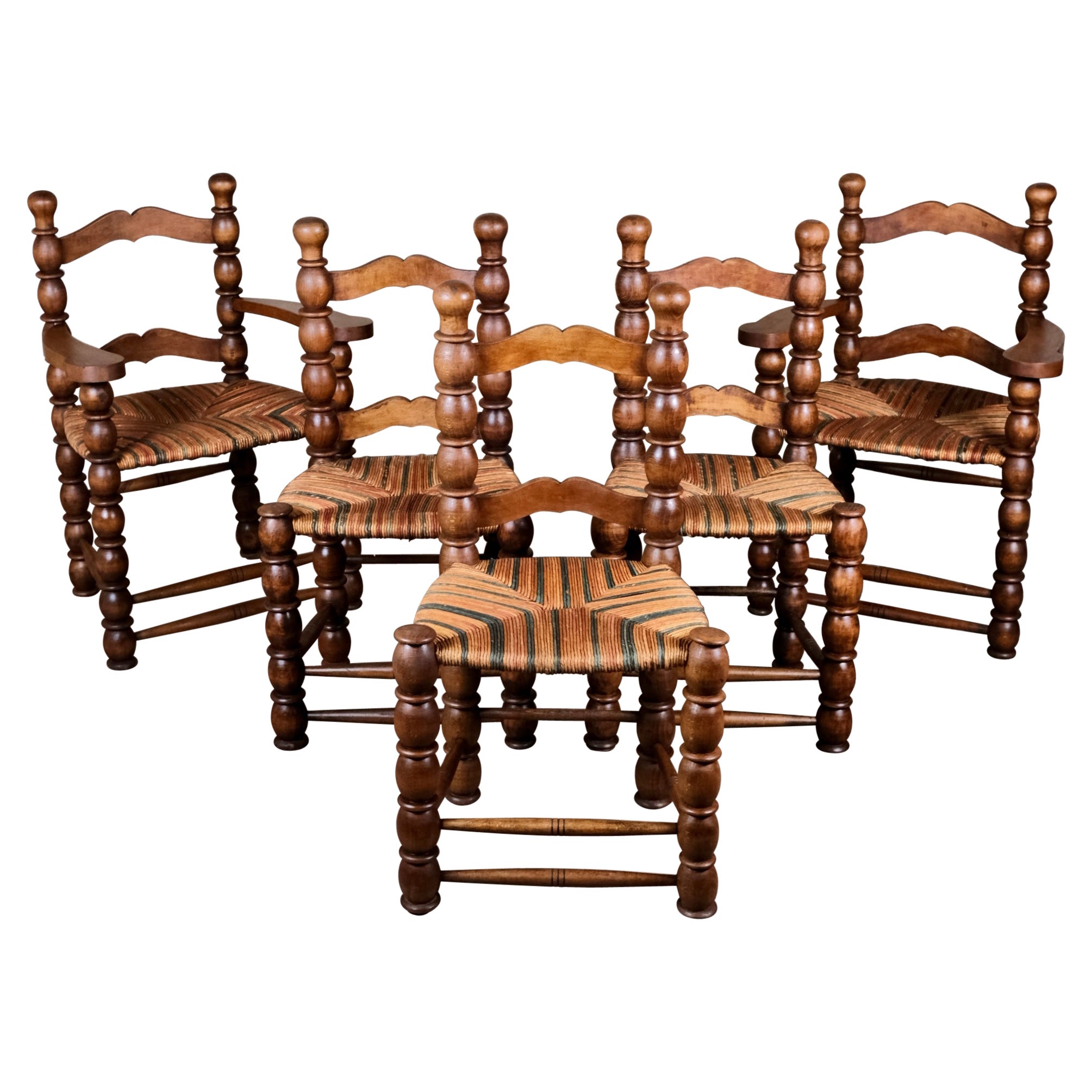 Set of 5 French bobbin chairs in the style of Charles Dudouyt, 1940-50s For Sale