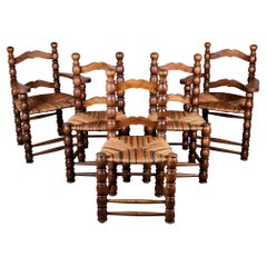 Vintage Set of 5 French bobbin chairs in the style of Charles Dudouyt, 1940-50s