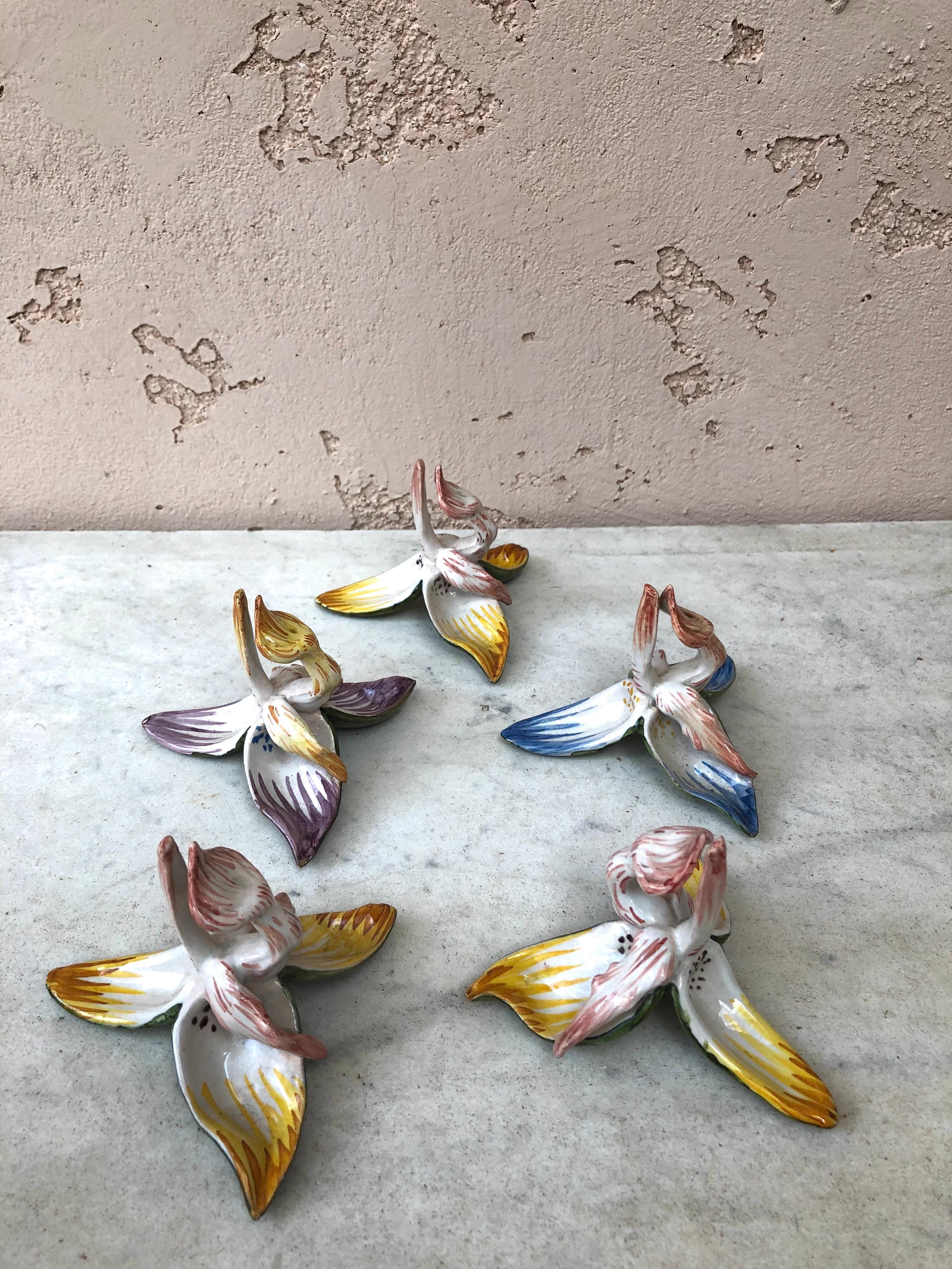 Very rare Set of 5 French Faience orchid place holders circa 1900.
Attributed to Saint Clement.