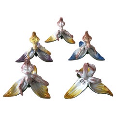 Set von 5 französischen Orchideen-Plattenhaltern aus Fayence, um 1900