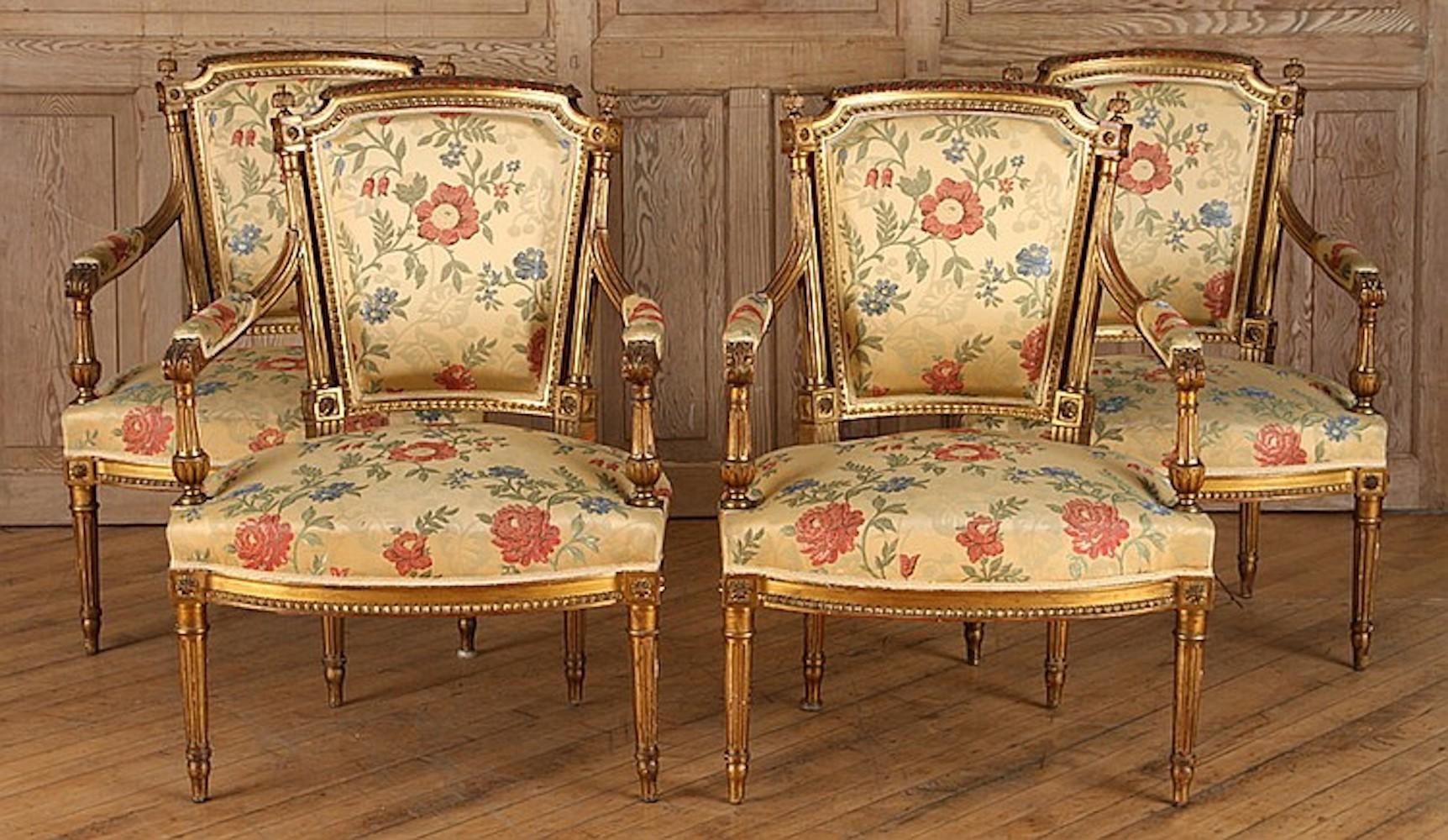 European Set of 5, French Giltwood Louis XVI Style Settee and 4 Armchairs