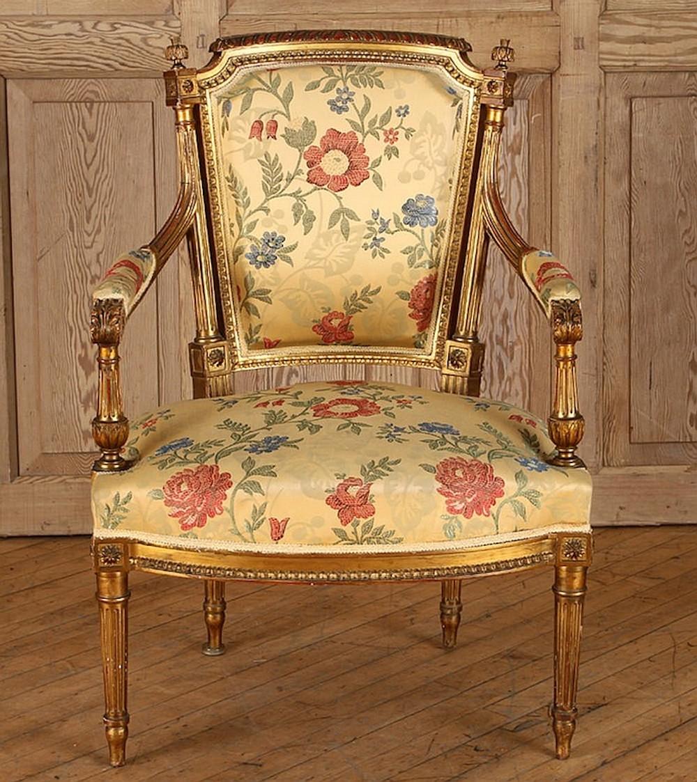 Set of 5, French Giltwood Louis XVI Style Settee and 4 Armchairs 4