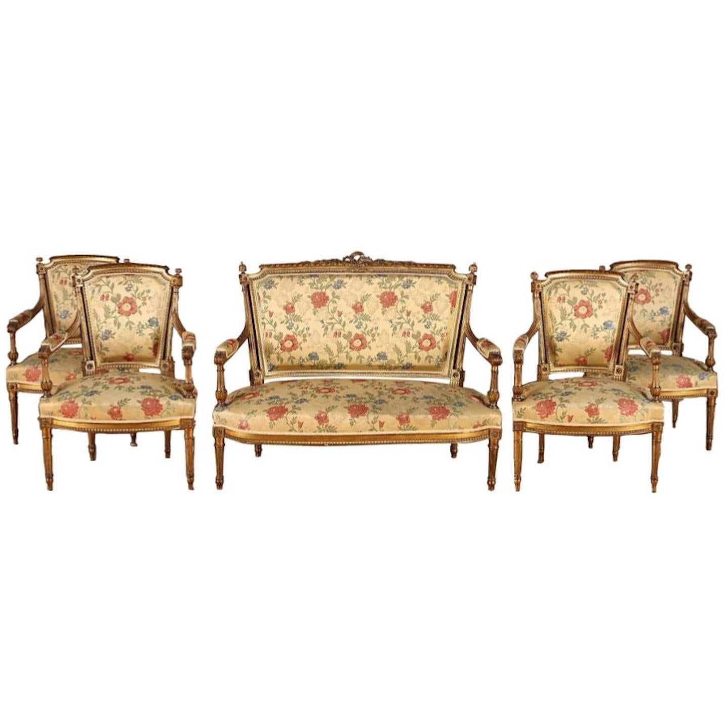 Set of 5, French Giltwood Louis XVI Style Settee and 4 Armchairs