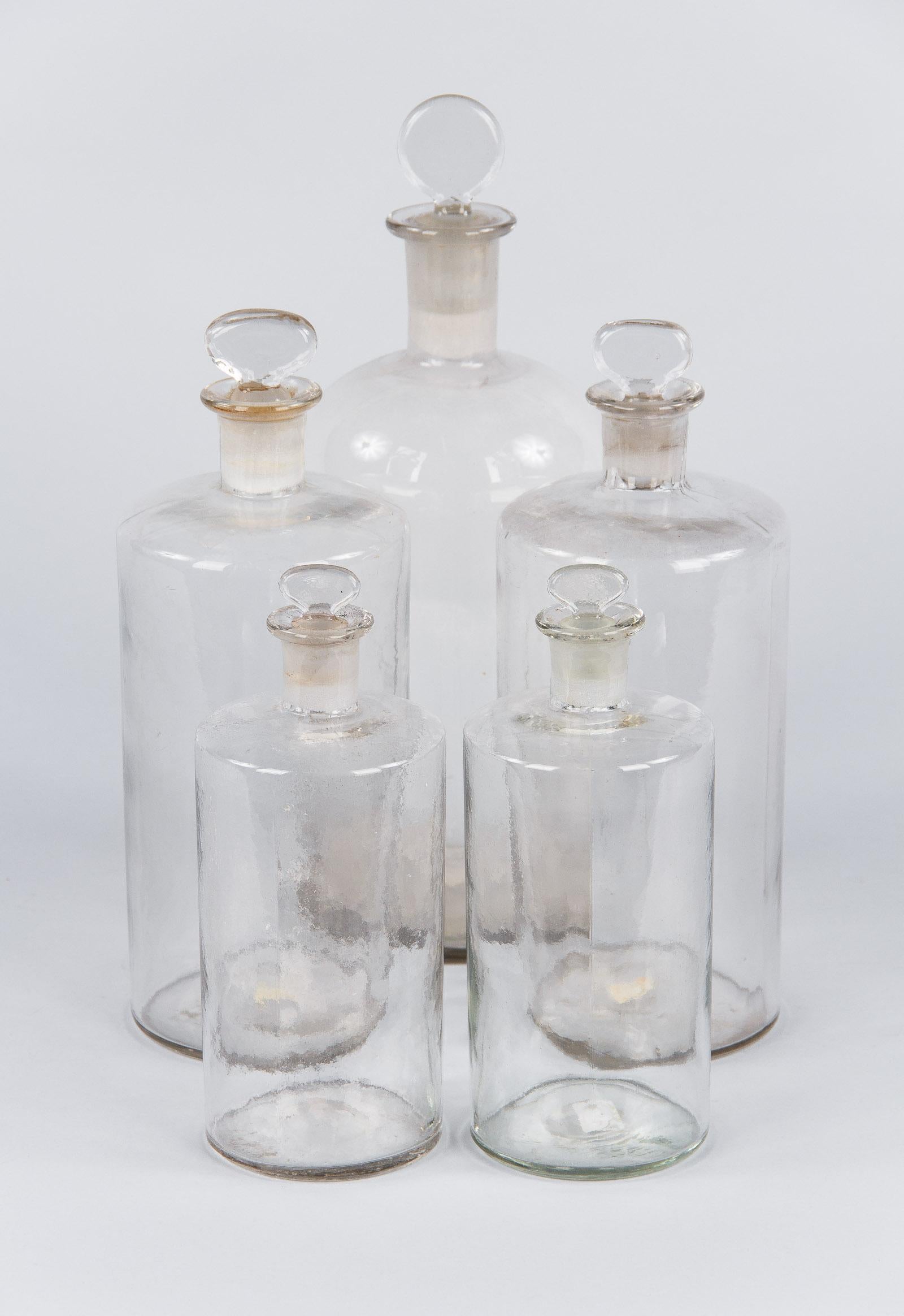 20th Century Set of 4 French Hand Blown Pharmacy Glass Jars, Early 1900s 