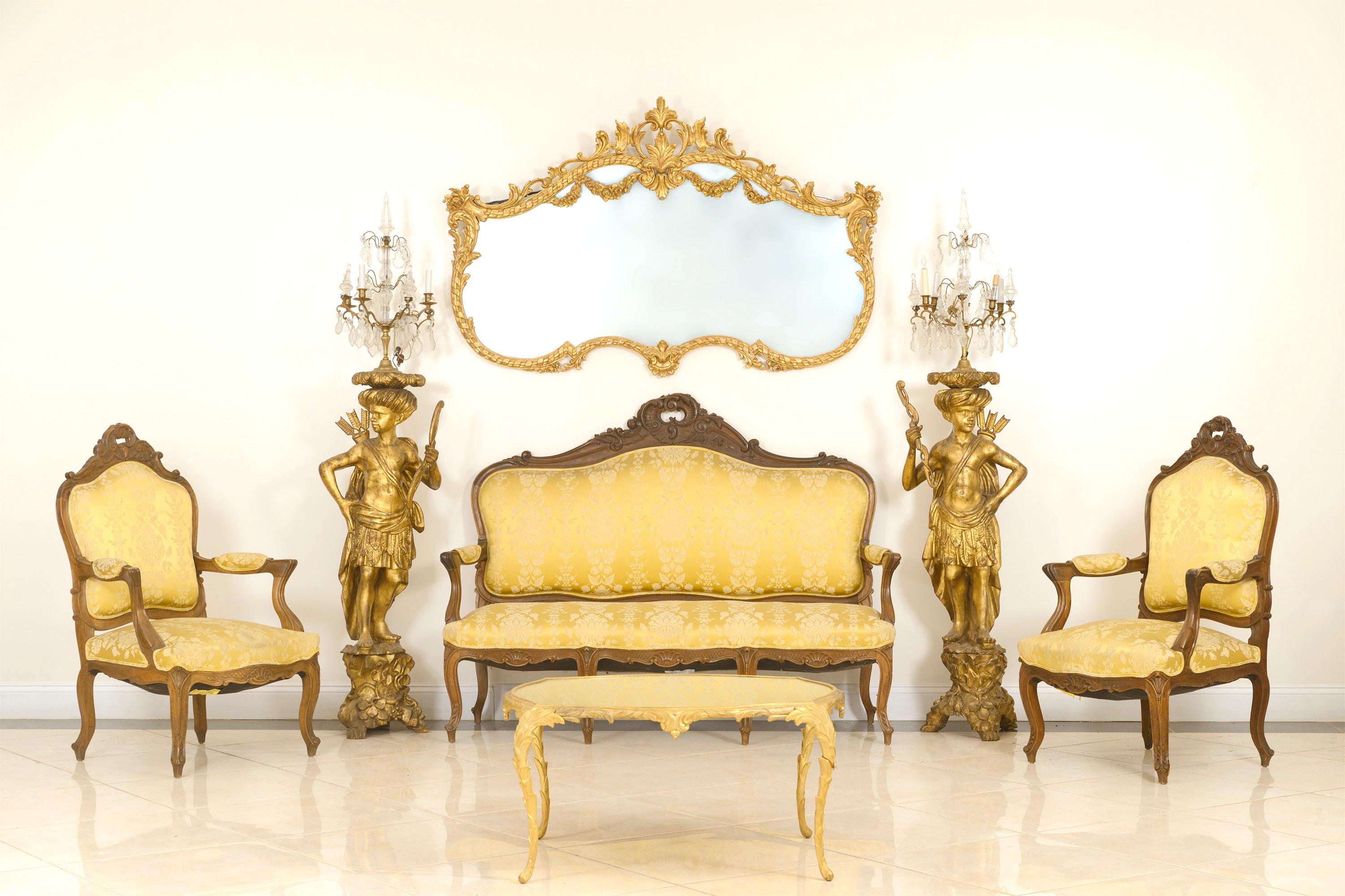 5-teiliges Louis XV.-Wohnzimmer-Set aus Gold und Damast im Angebot 6