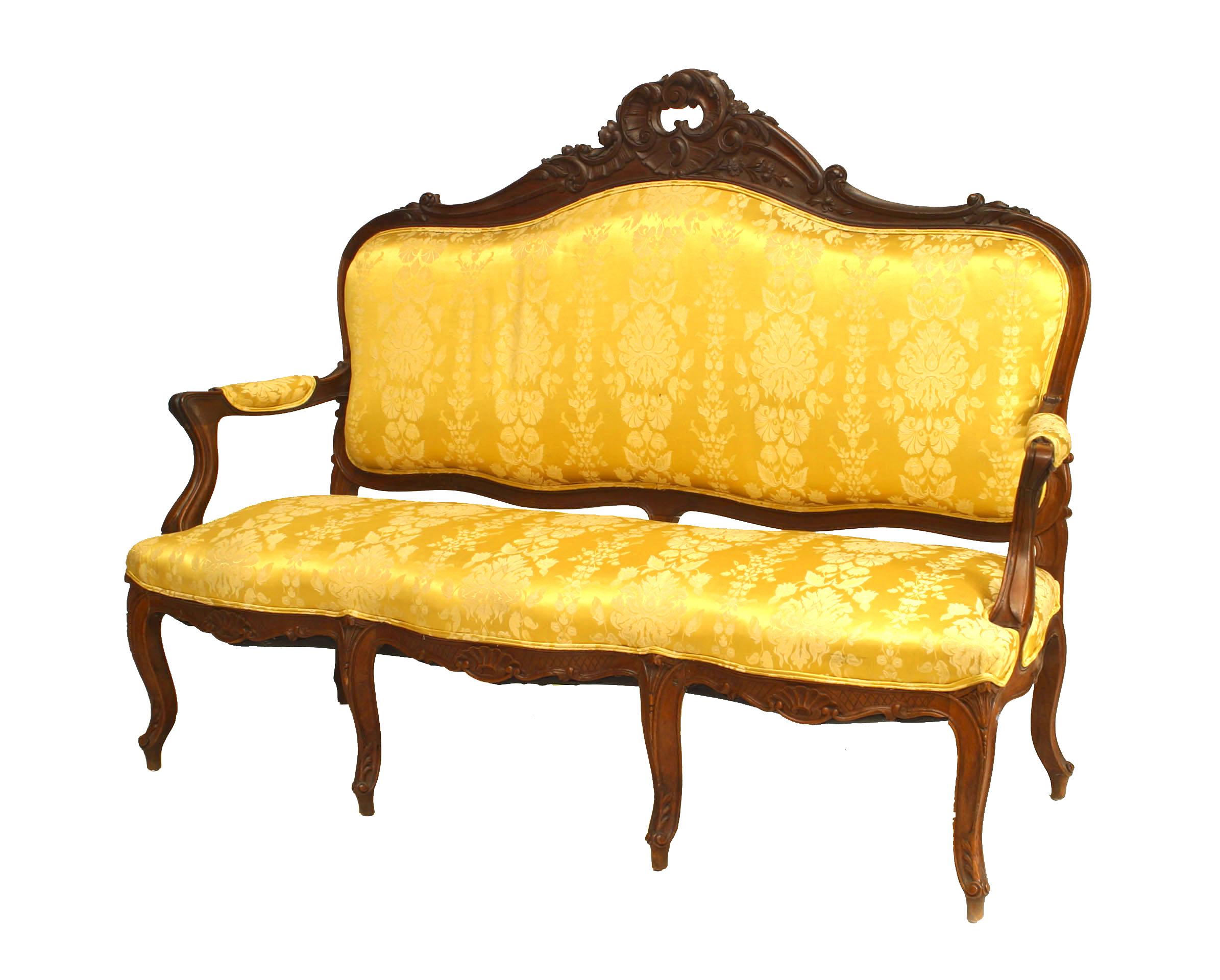 Damas Ensemble de salon français de 5 pièces en damas doré de style Louis XV en vente