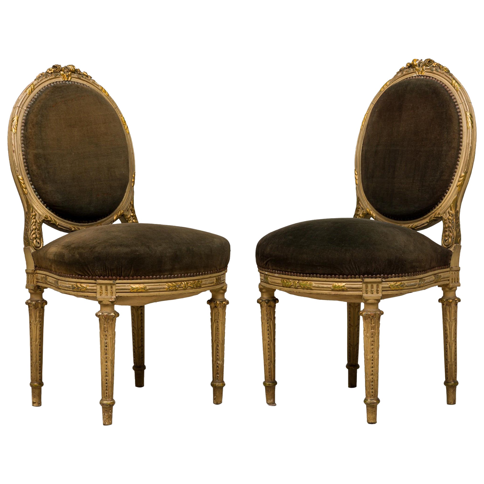 Set of 5 French Louis XVI Style Oval Back Green Velvet Upholstered Dining Chairs