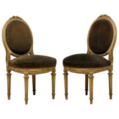 Set of 5 French Louis XVI Style Oval Back Green Velvet Upholstered Dining Chairs