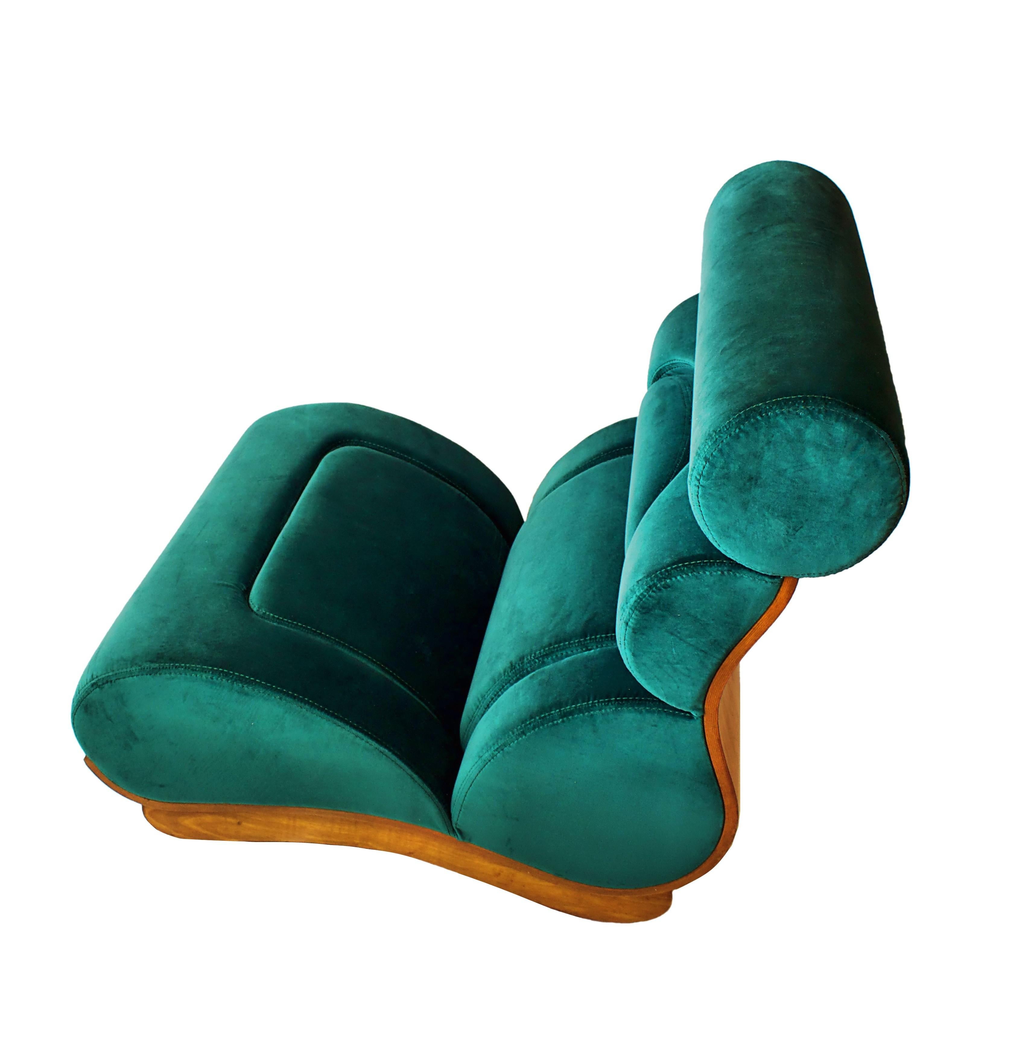 French Modern Walnut and Turquoise Velvet Upholstered Chair 4