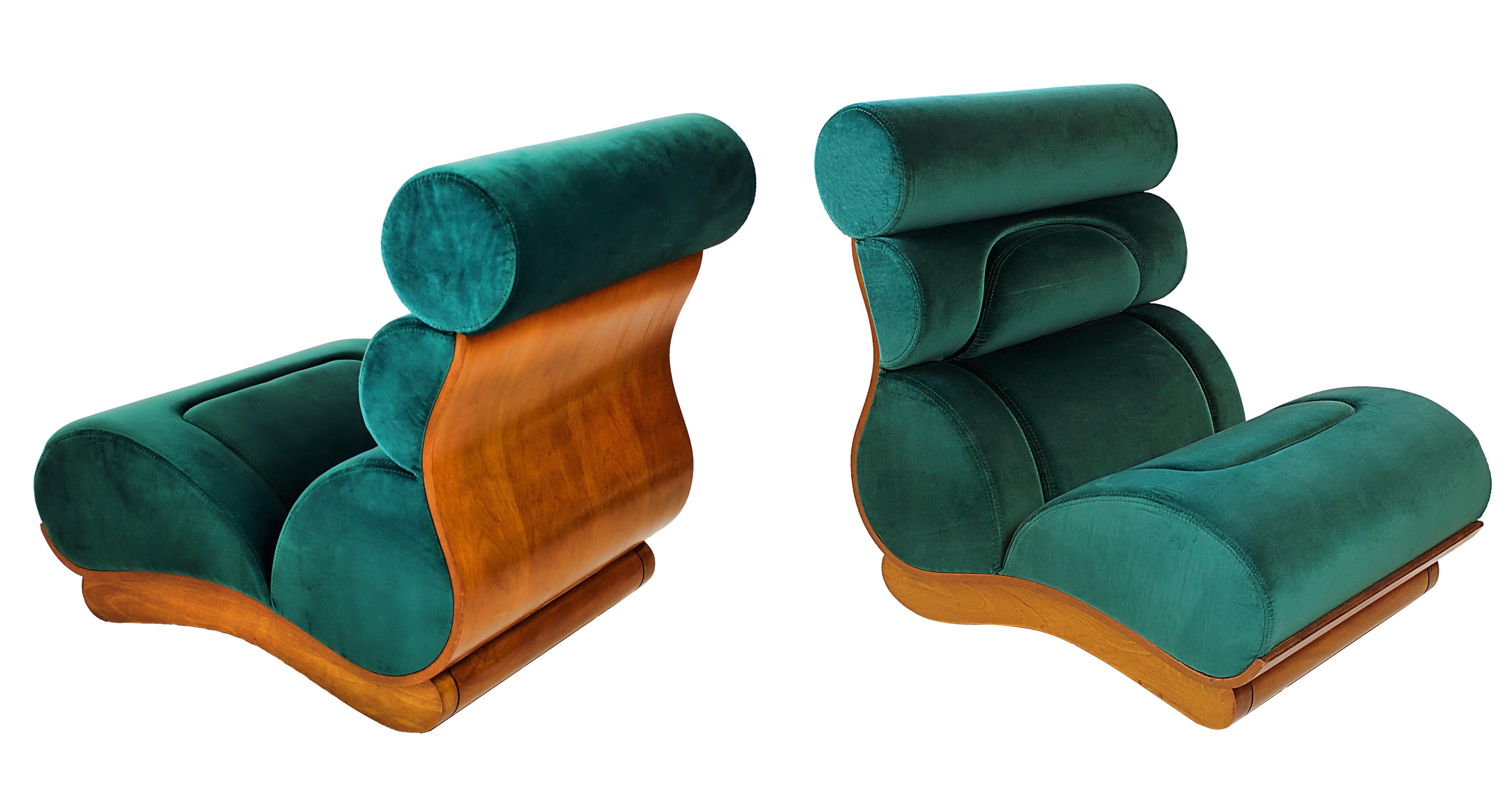 A Single French modern walnut and turquoise velvet upholstered chairs, Raphael Decorateur, 1960s.. Original fabric. Pristine condition.