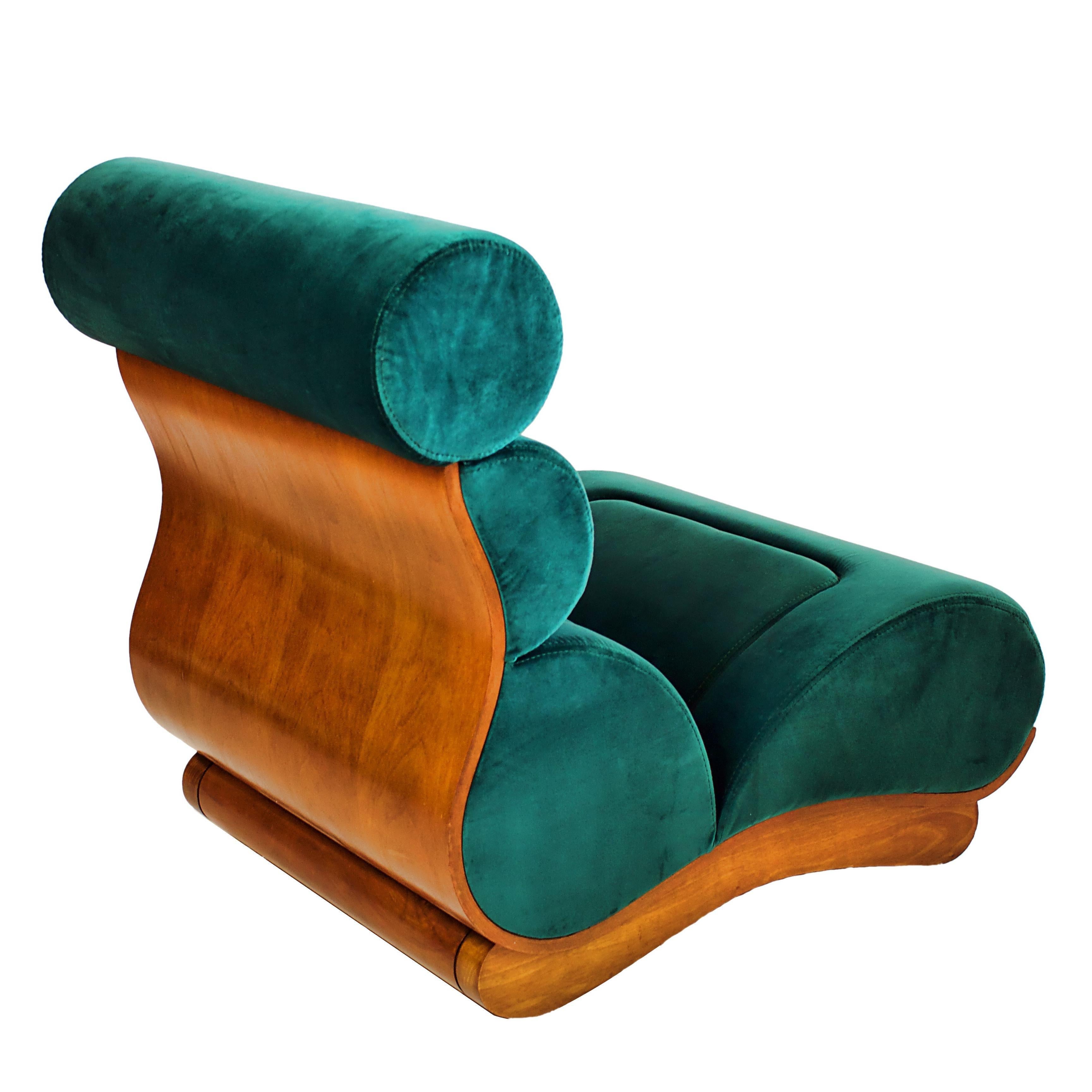 Mid-Century Modern French Modern Walnut and Turquoise Velvet Upholstered Chair