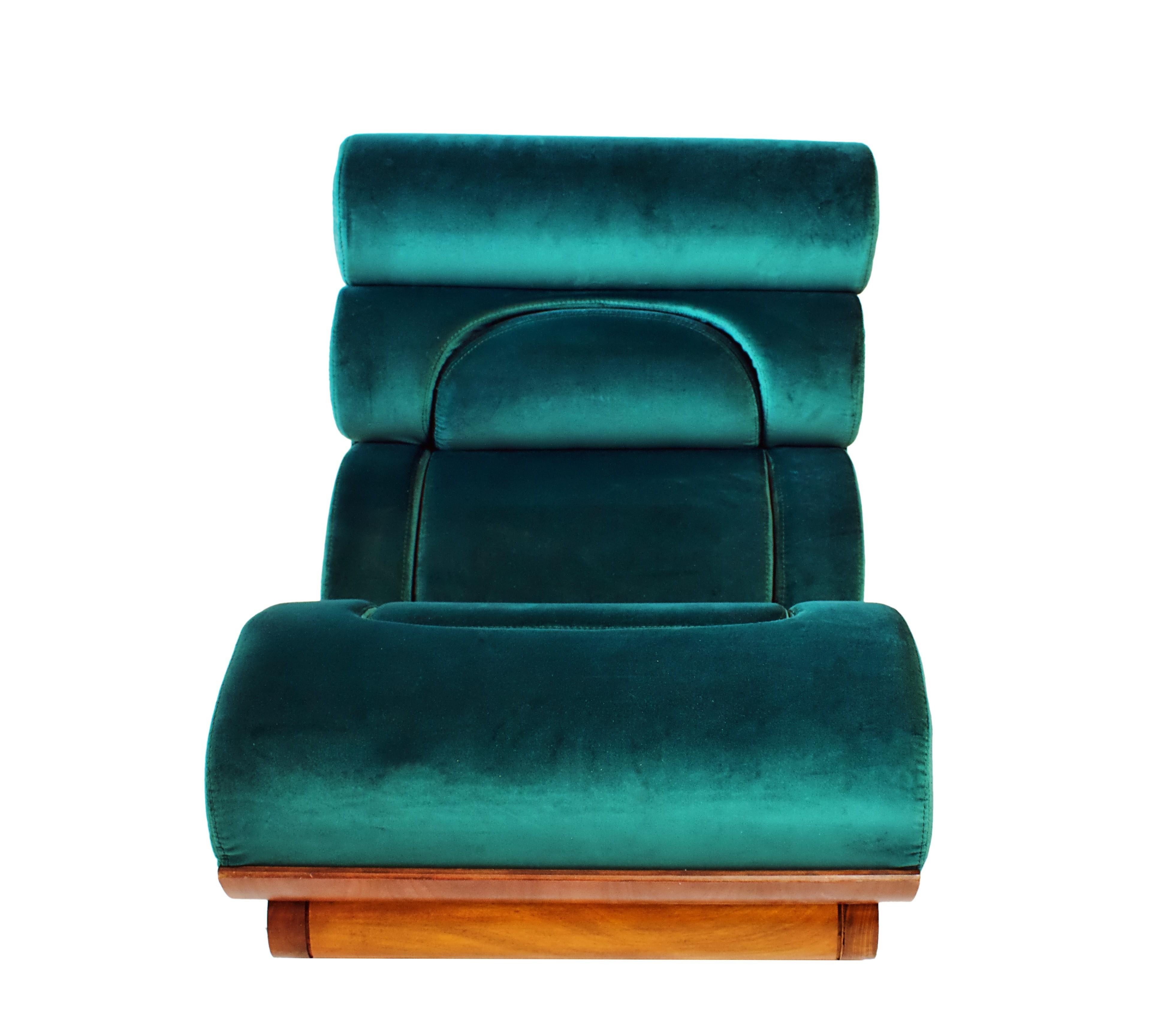 French Modern Walnut and Turquoise Velvet Upholstered Chair In Good Condition In Hollywood, FL