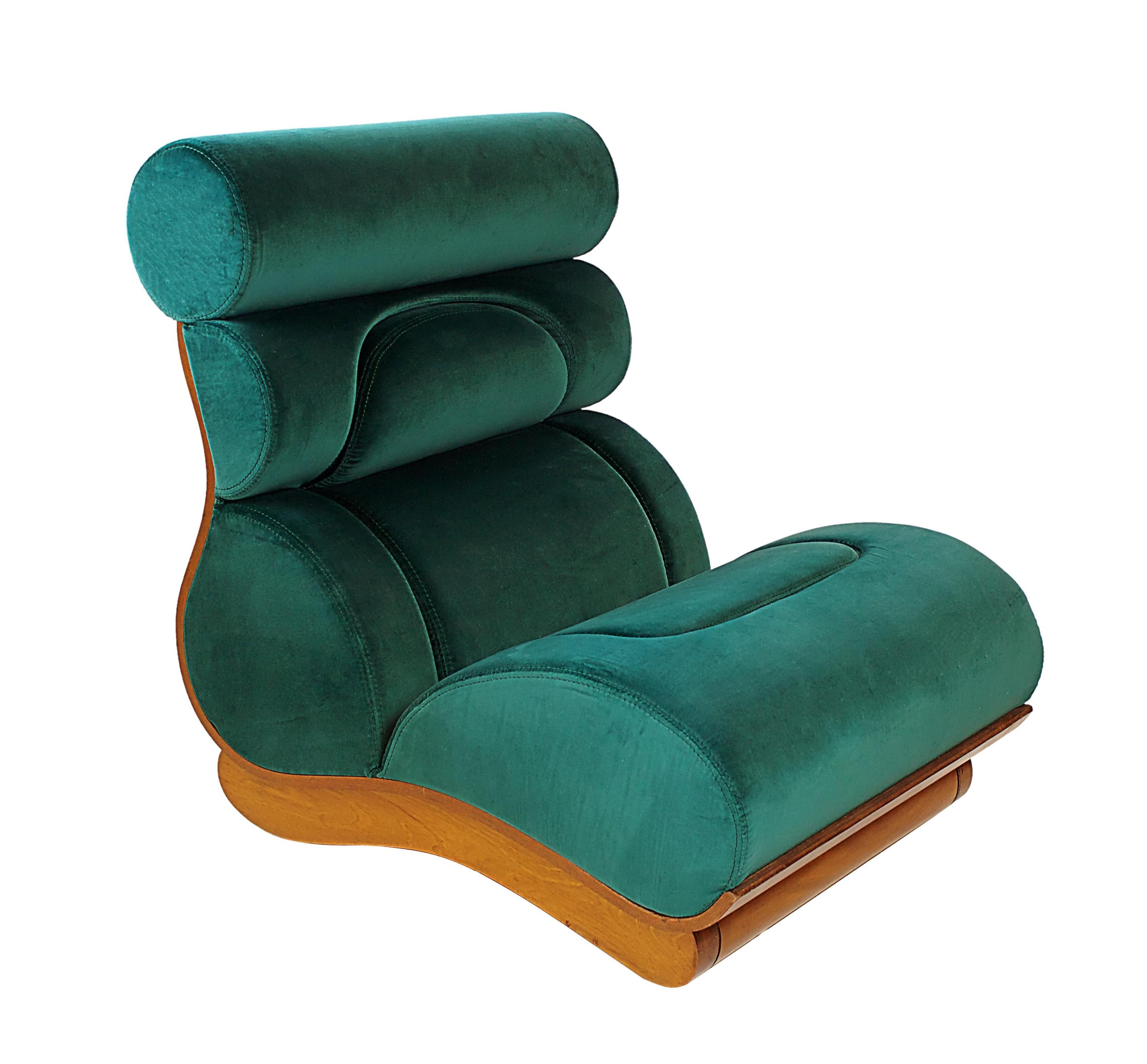 Mid-20th Century French Modern Walnut and Turquoise Velvet Upholstered Chair