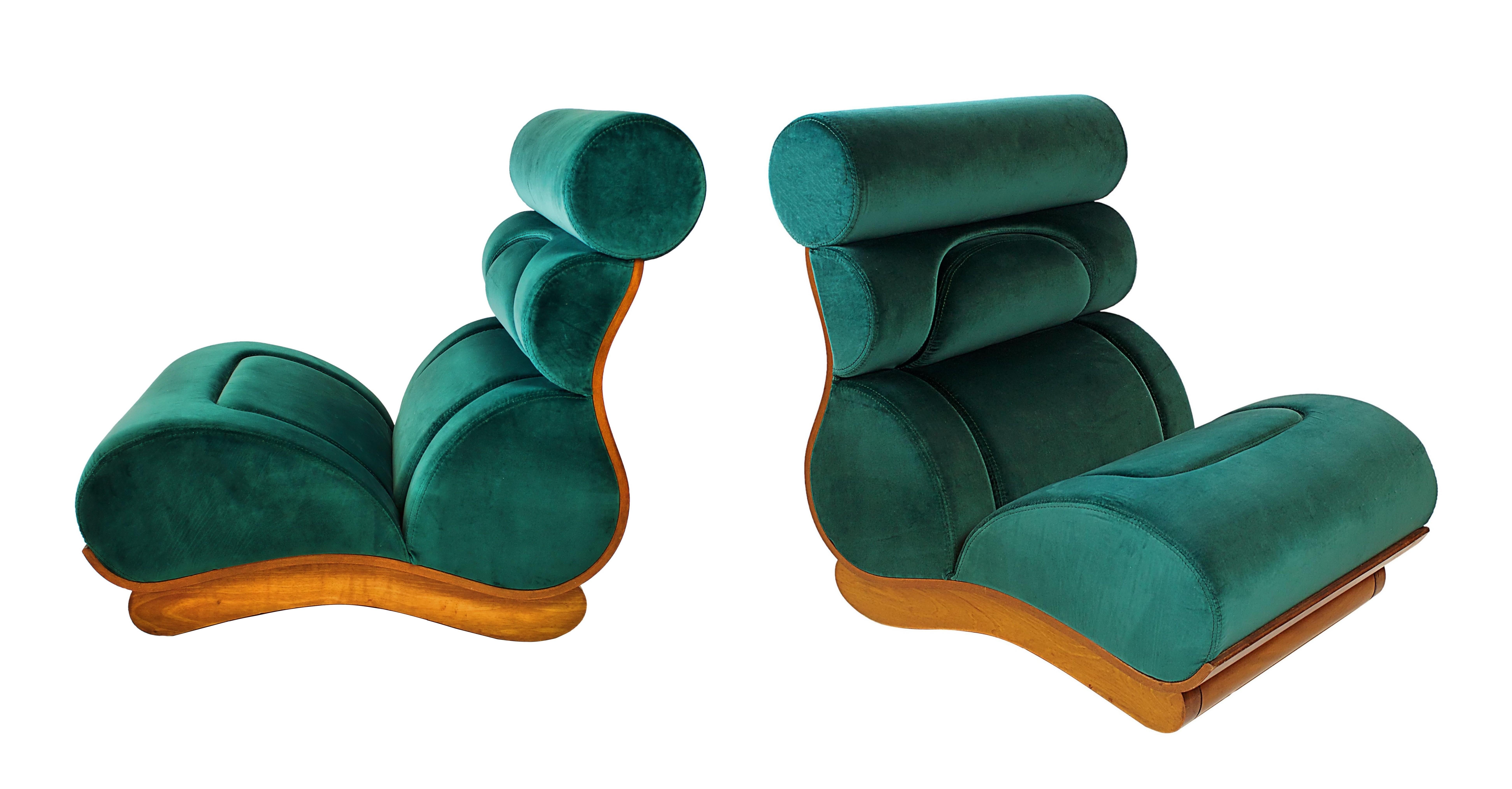 French Modern Walnut and Turquoise Velvet Upholstered Chair 1