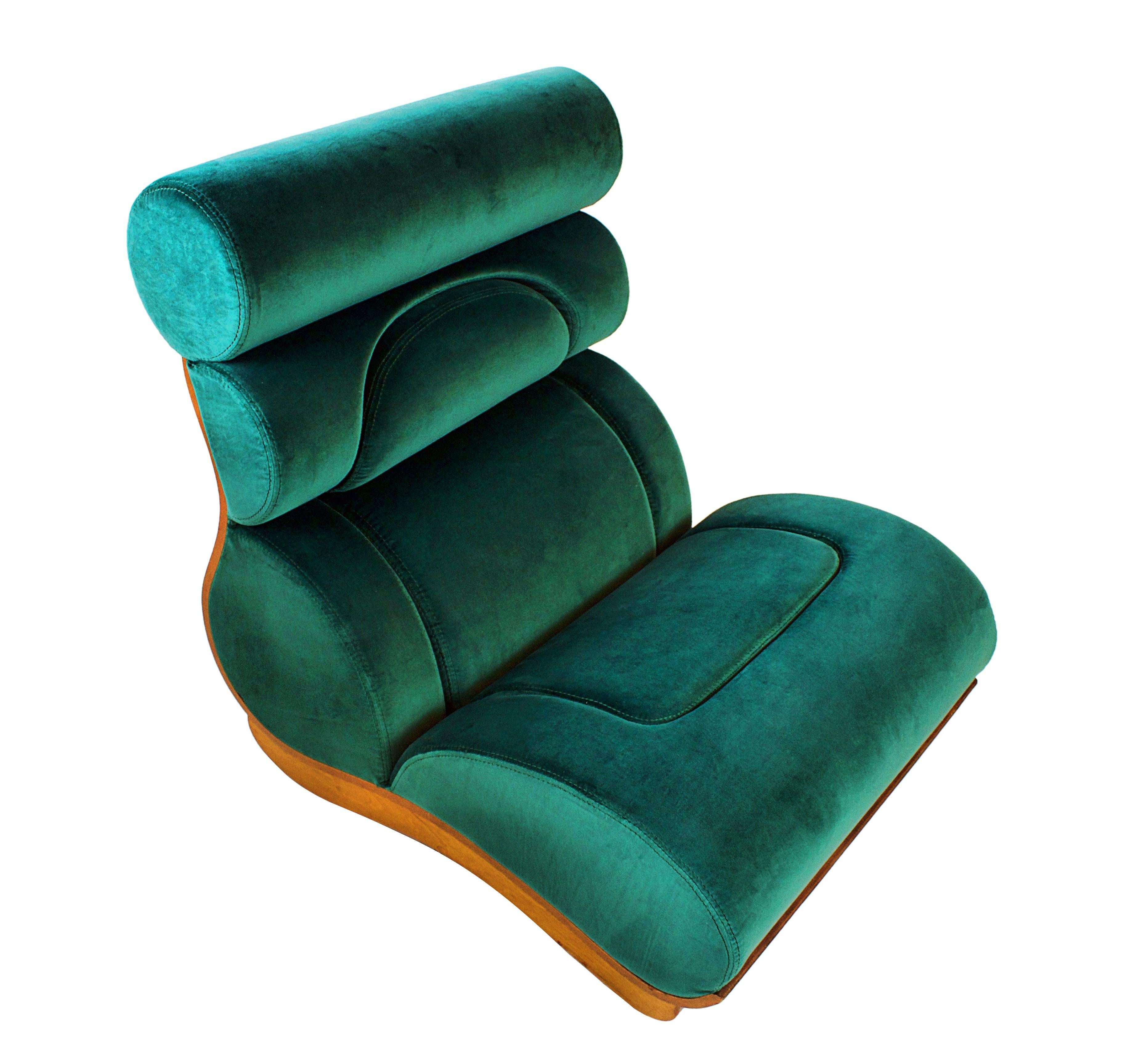 French Modern Walnut and Turquoise Velvet Upholstered Chair 2