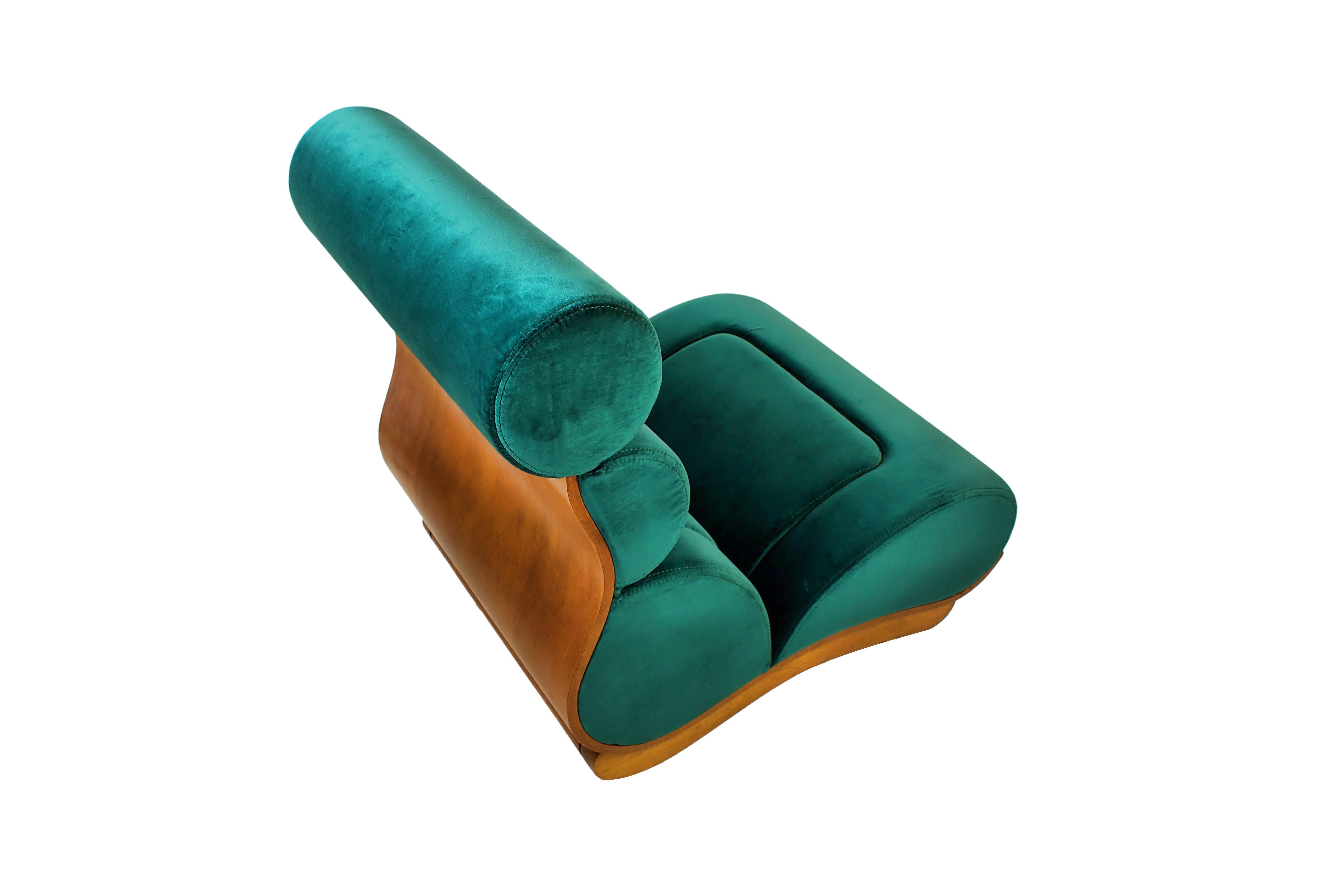 French Modern Walnut and Turquoise Velvet Upholstered Chair 3