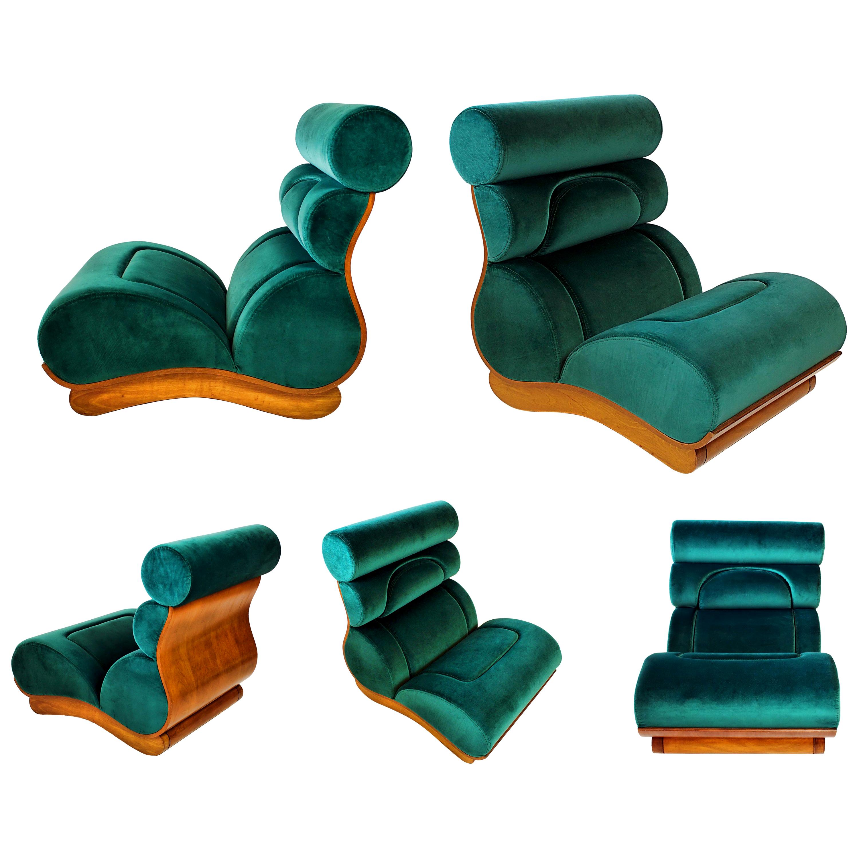 French Modern Walnut and Turquoise Velvet Upholstered Chair