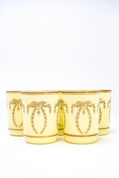 Set of 5 French Neoclassical Yellow Opaline Glass Tumblers with Gilded Laurel Sw