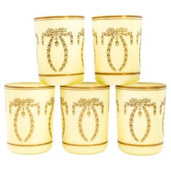 Set of 5 French Neoclassical Yellow Opaline Glass Tumblers with Gilded Laurel Sw