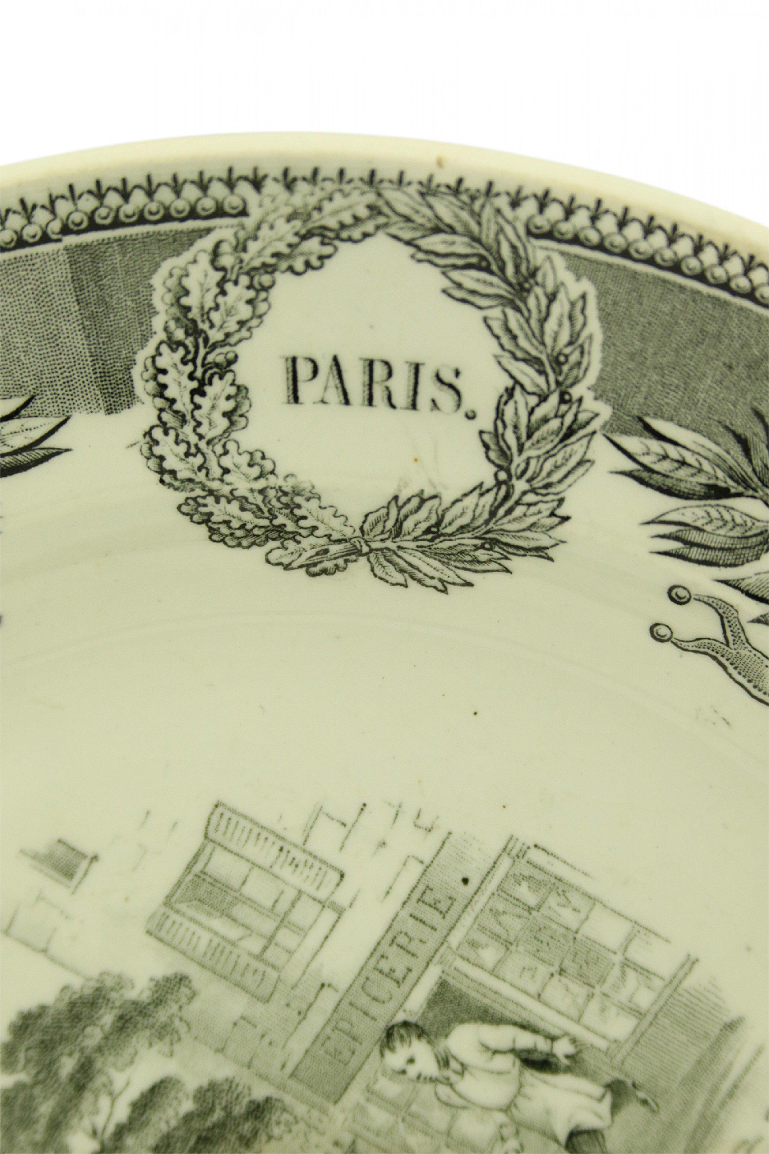Set of 5 French Victorian (early 19th Century) black and white transferware plates featuring historic french landmarks and genre scenes. (priced as set).
  