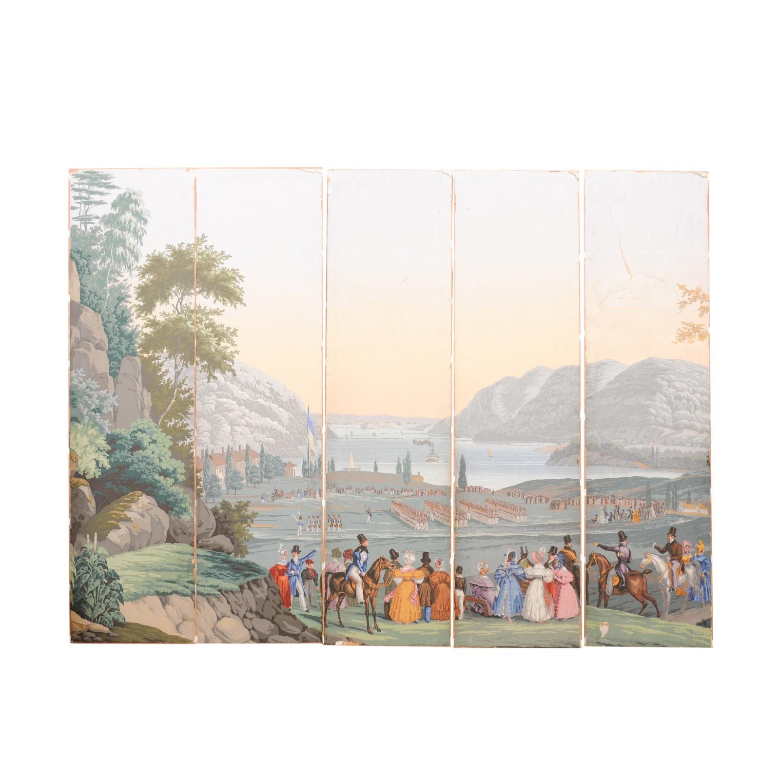 Set of 5 French Wallpaper Panels depicting a Scene at West Point, NY For Sale 7