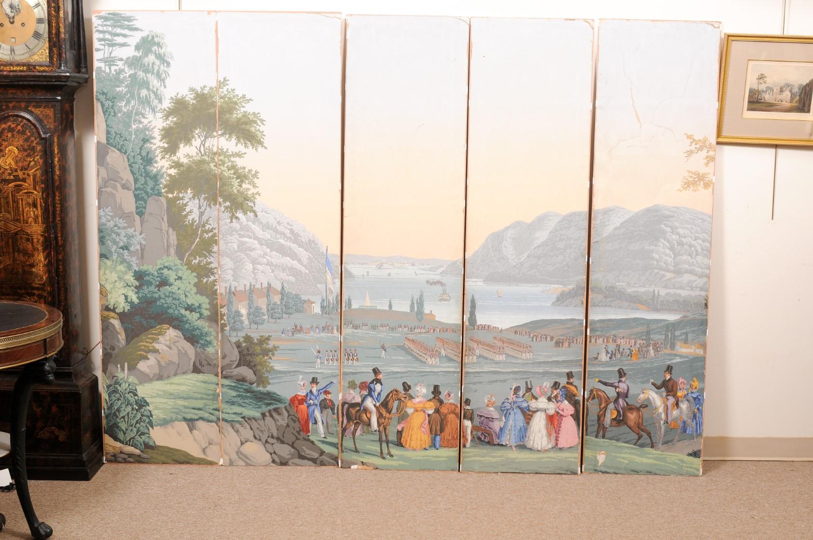 Set of 5 19th Century French Wallpaper Panels depicting a Scene at West Point, NY

19″ W (each panel) X 72″ H X 95″ W (total)
