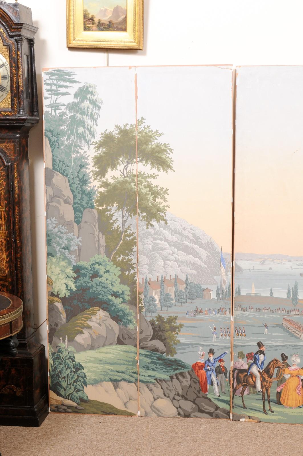 Set of 5 French Wallpaper Panels depicting a Scene at West Point, NY In Good Condition For Sale In Atlanta, GA