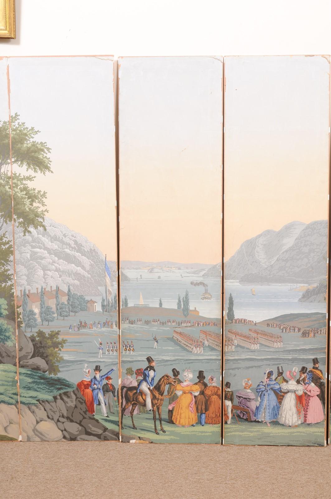 19th Century Set of 5 French Wallpaper Panels depicting a Scene at West Point, NY For Sale