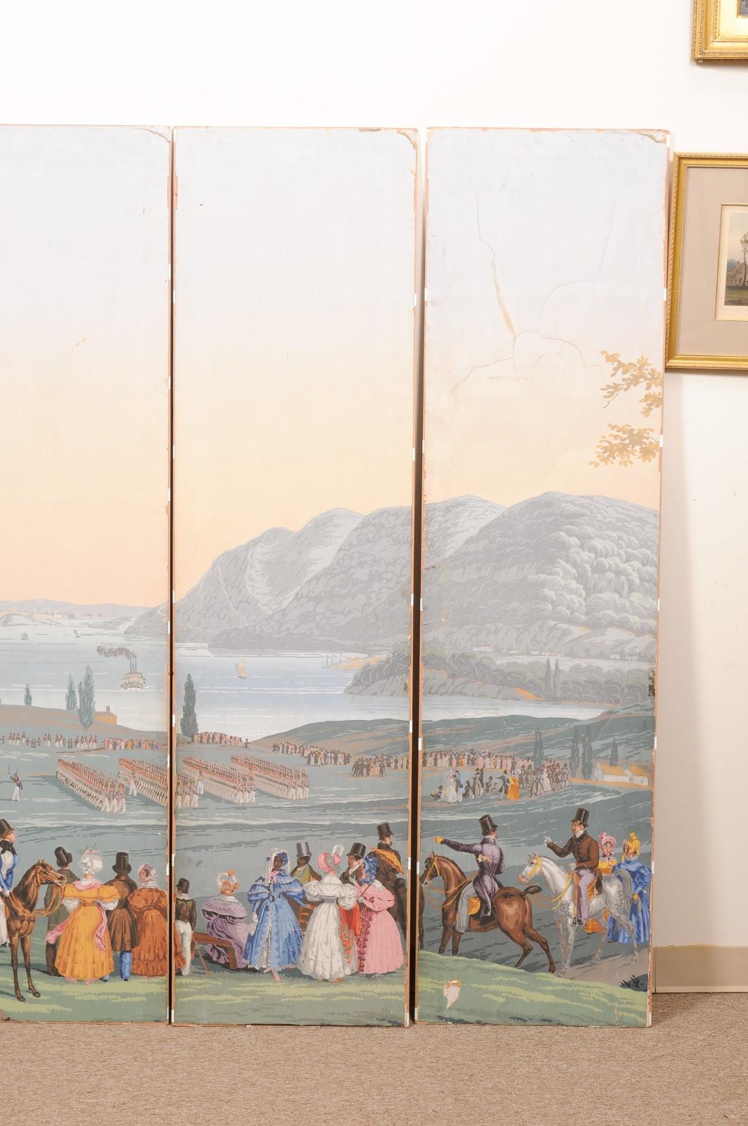 Wood Set of 5 French Wallpaper Panels depicting a Scene at West Point, NY For Sale