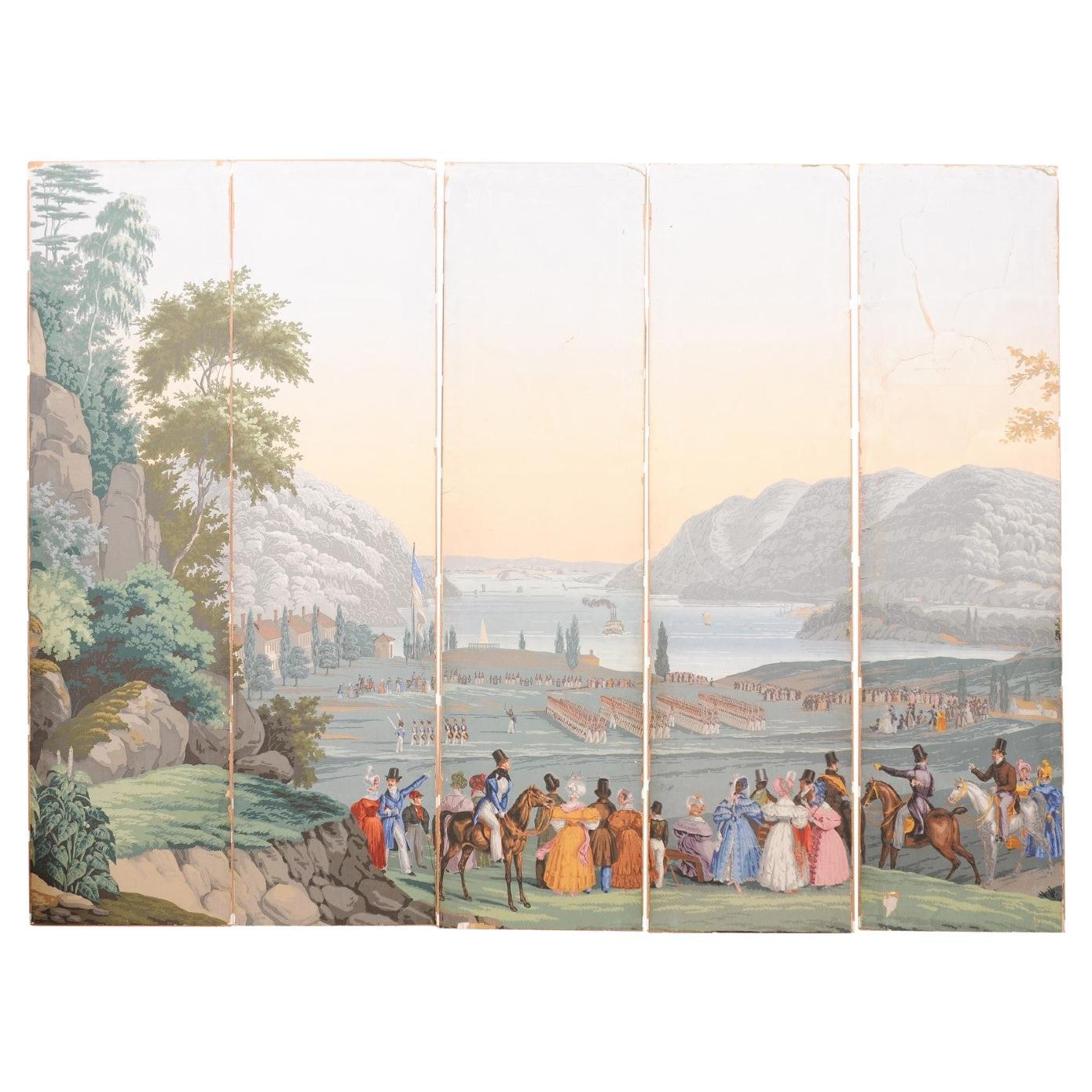 Set of 5 French Wallpaper Panels depicting a Scene at West Point, NY For Sale