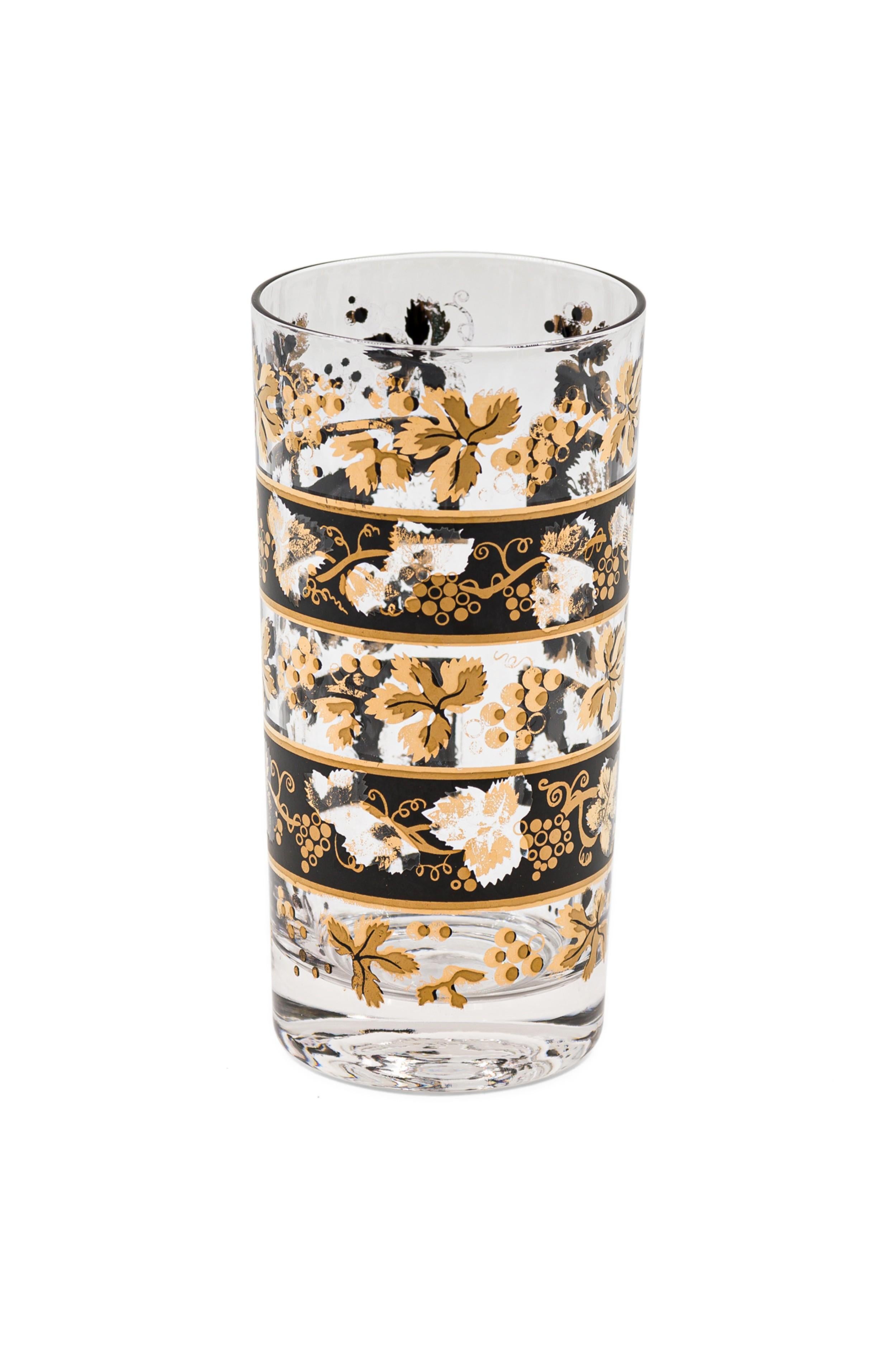 CONJUNTO de 5 copas americanas de mediados de siglo con diseño floral en negro y dorado (firmadas GEORGES BRIARD) (PRECIADAS COMO CONJUNTO)