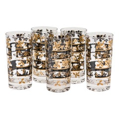 Set of 5 Georges Briard Mid-Century American Black and Gold Glasses
