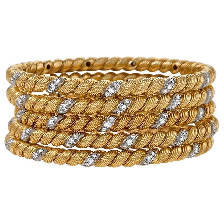 Set of 5 Gold and Diamond Van Cleef & Arpels Bangle Bracelets