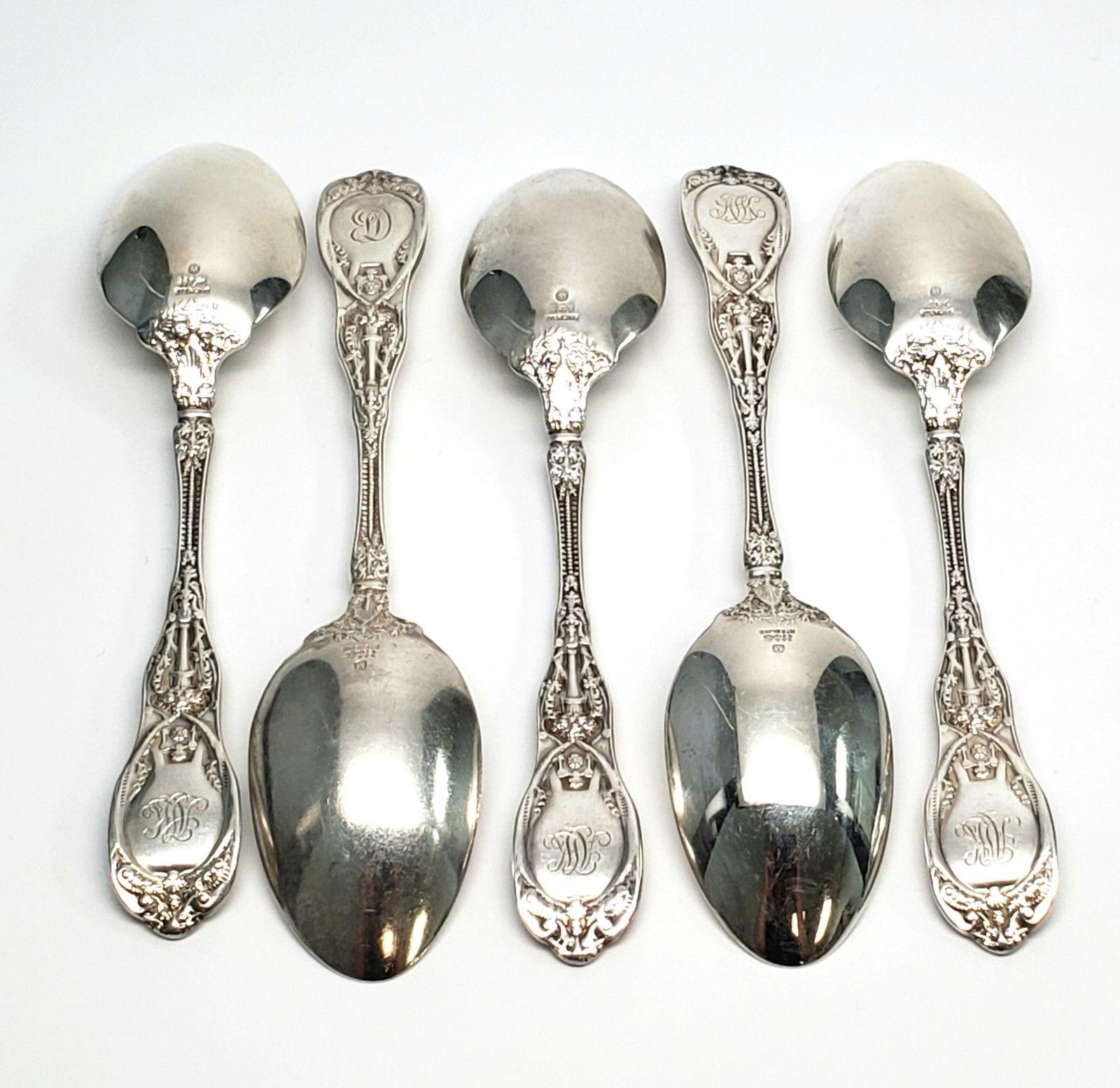Set of 5 Gorham Mythologique sterling silver Teaspoons. Mythologique is a multiple motif pattern, this one is the old no bead border, no face bowl. Multiple monograms. 1 appears to be D, 4 appears to be AJC. Measures approx 5 7/8