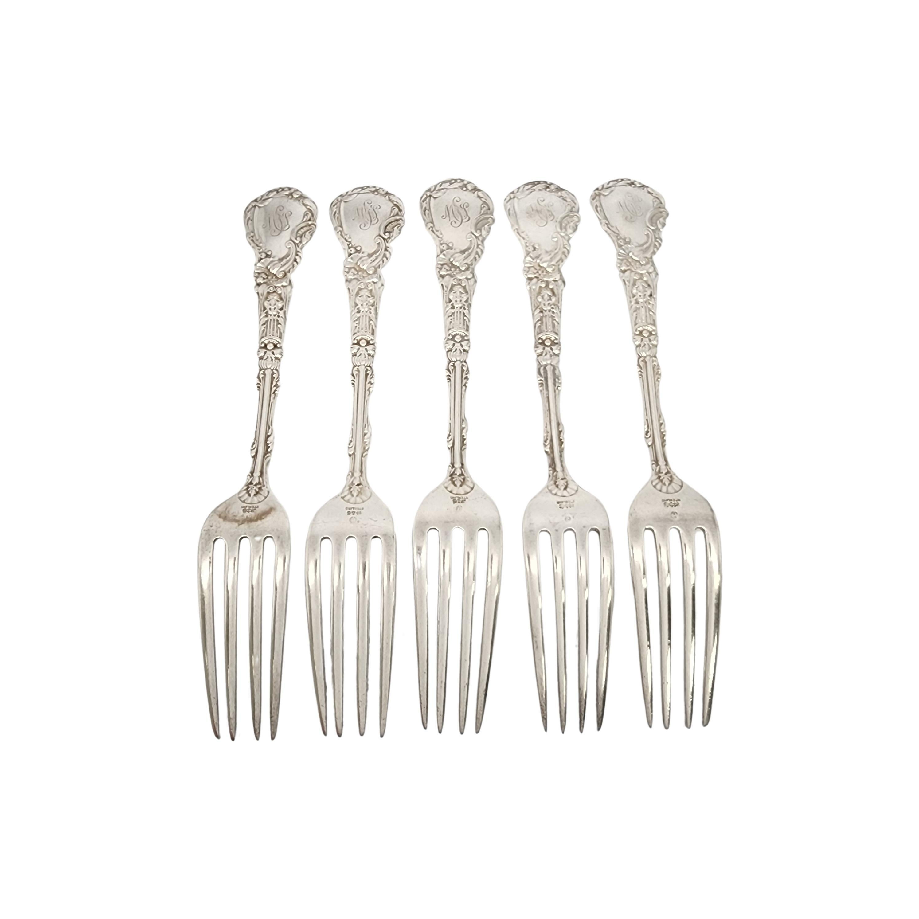 Set of 5 sterling silver forks in the Versailles pattern by Gorham.

Monogram appears to be MSJ (see photo).

Gorham's Versailles is a multi motif pattern designed by Antoine Heller in 1885. Named for the Palace of Versailles, the pattern depicts