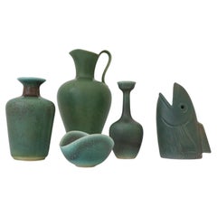 Set of 5 Green Ceramics Gunnar Nylund, Rörstrand Scandinavian Midcentury Vintage