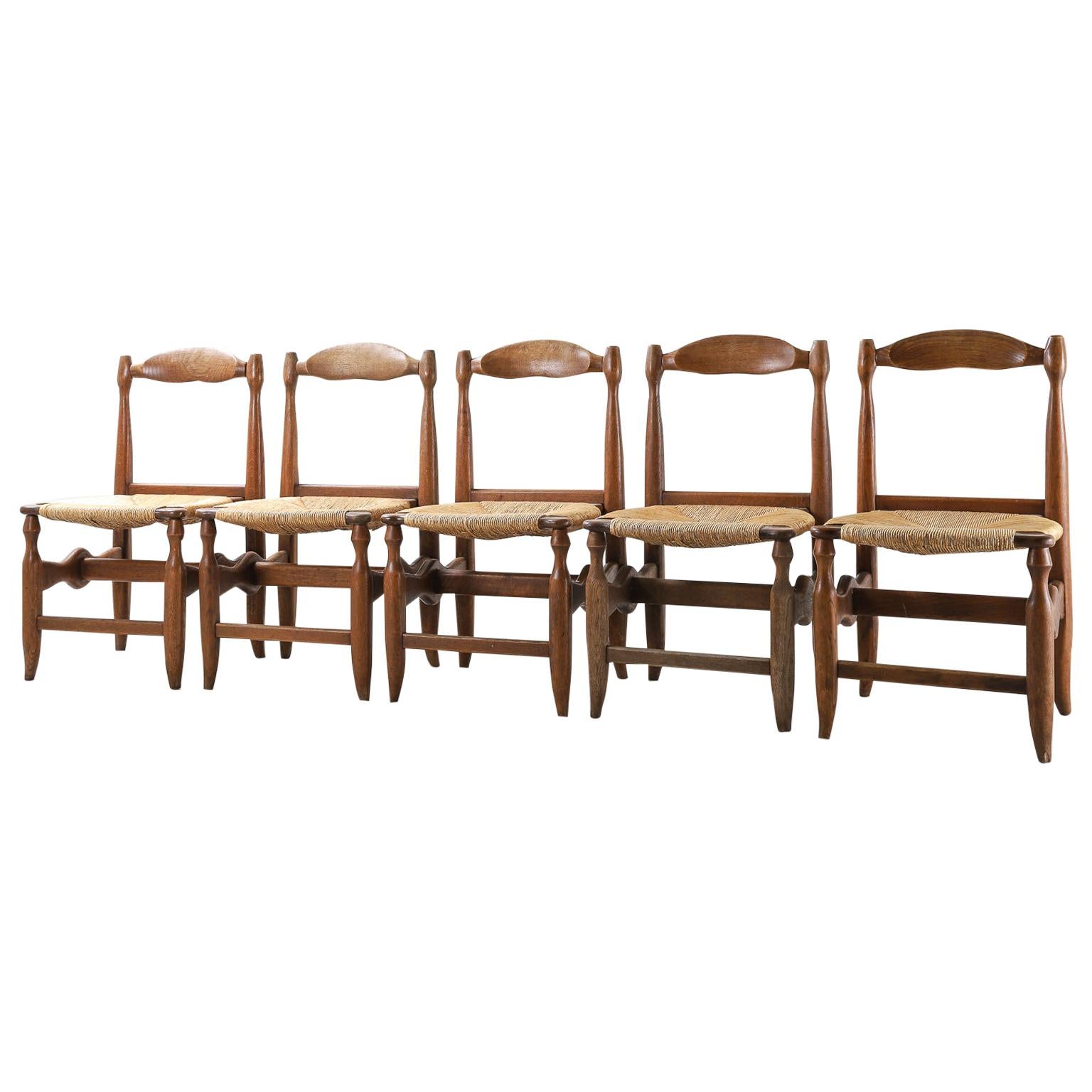Set of 5 Guillerme et Chambron Oak and Rush Chairs