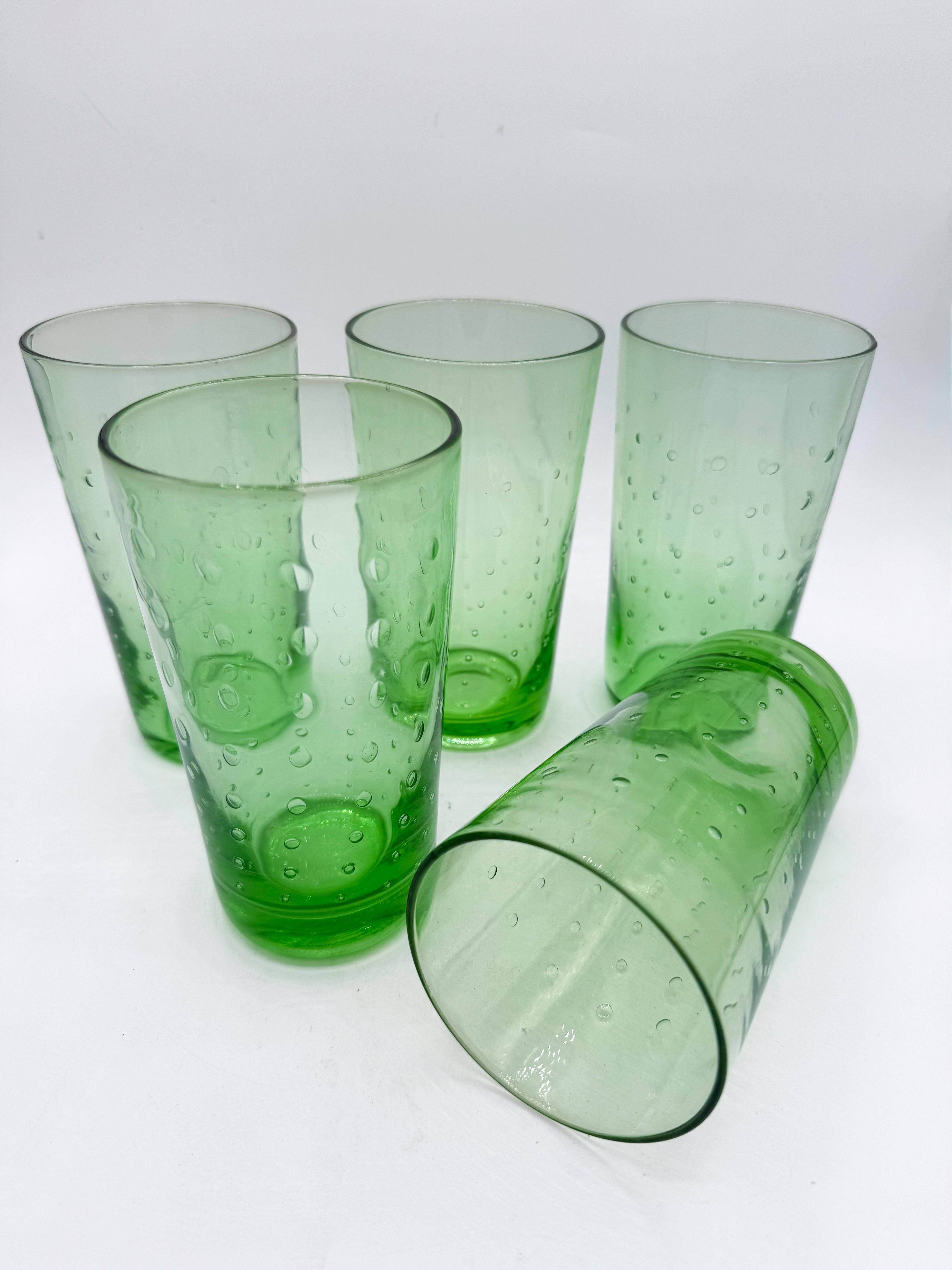 Post-Modern Set of 5 Hand-Blown Green Bubble Glass Tumblers, Mid-Century Modern For Sale