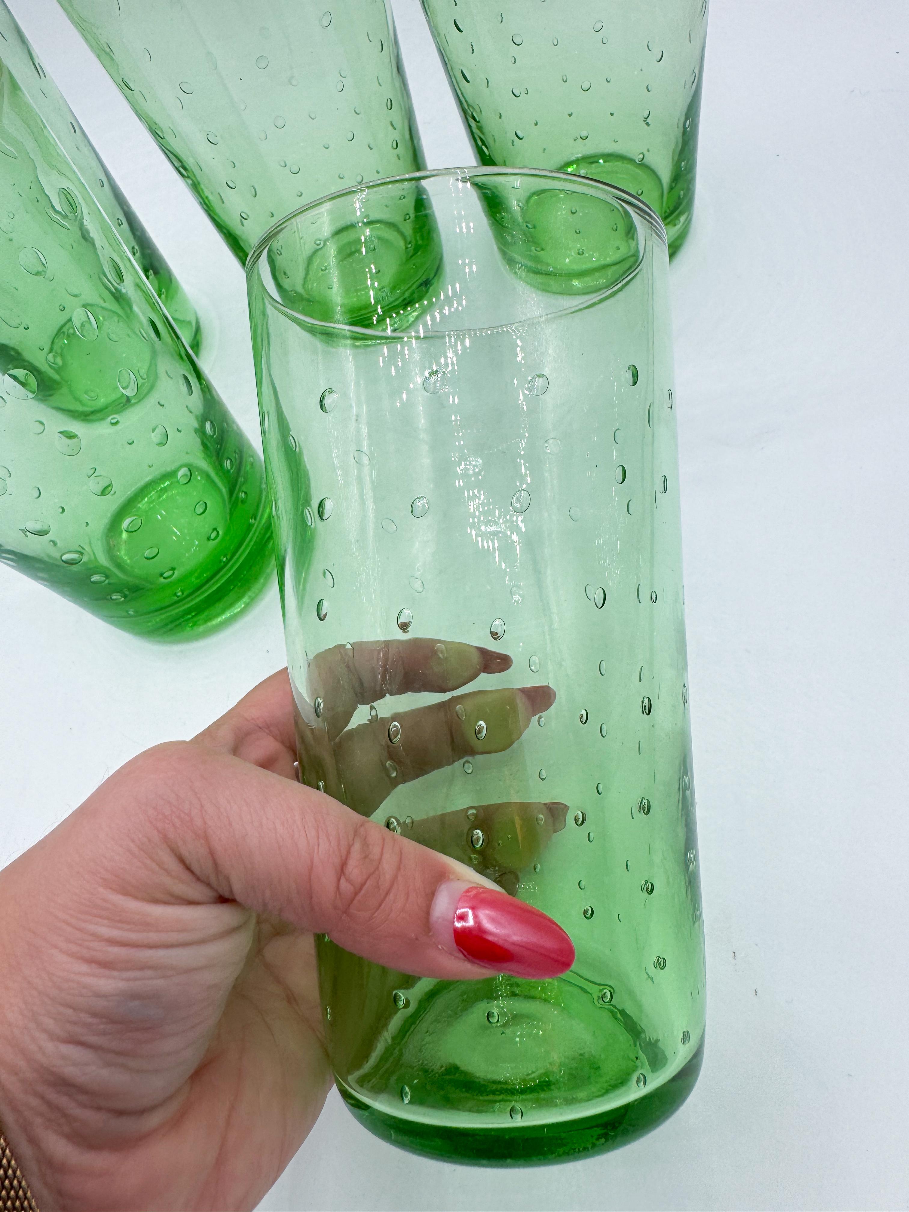 Hand-Crafted Set of 5 Hand-Blown Green Bubble Glass Tumblers, Mid-Century Modern For Sale