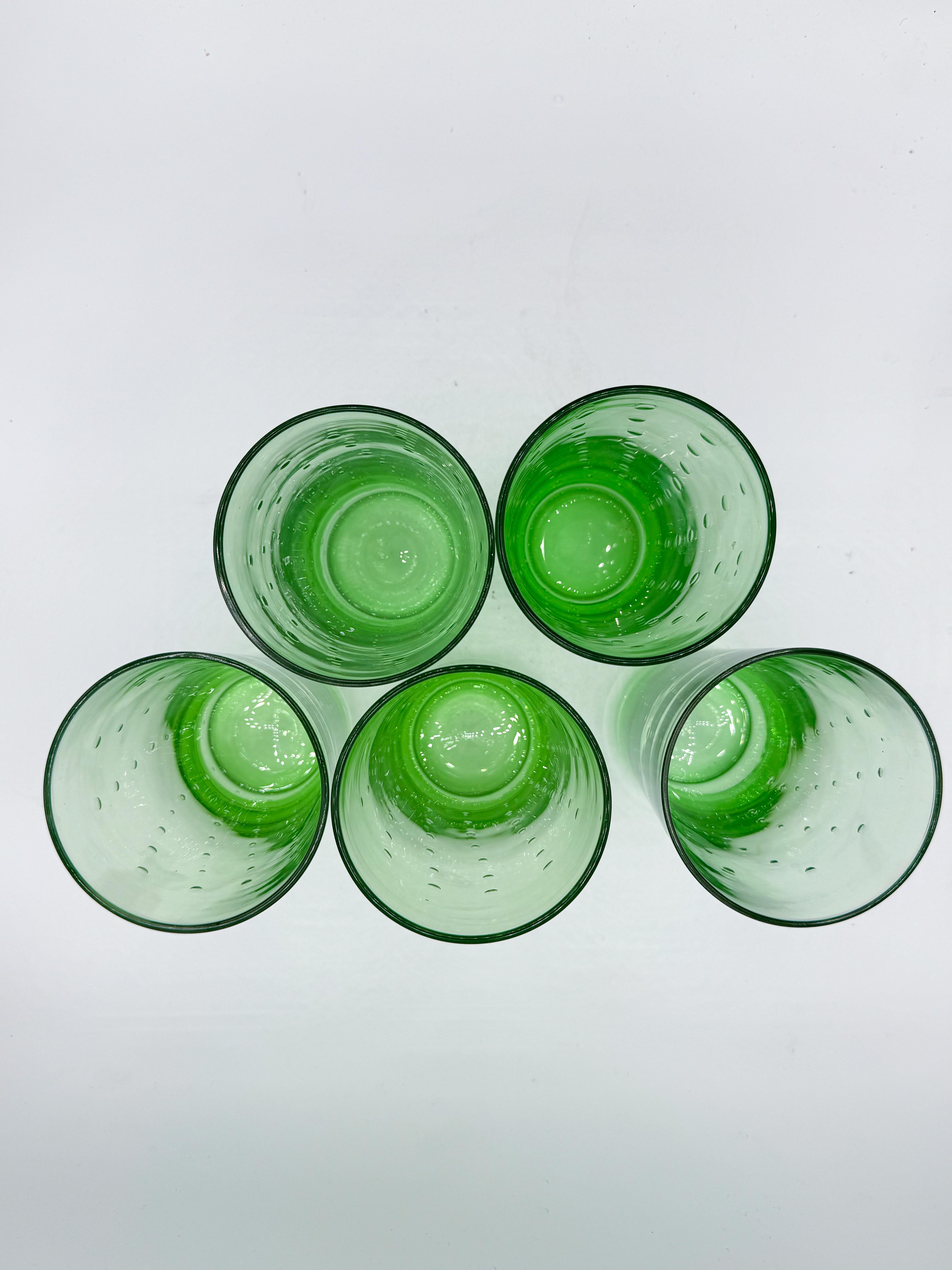 Set of 5 Hand-Blown Green Bubble Glass Tumblers, Mid-Century Modern In Good Condition For Sale In Toronto, CA