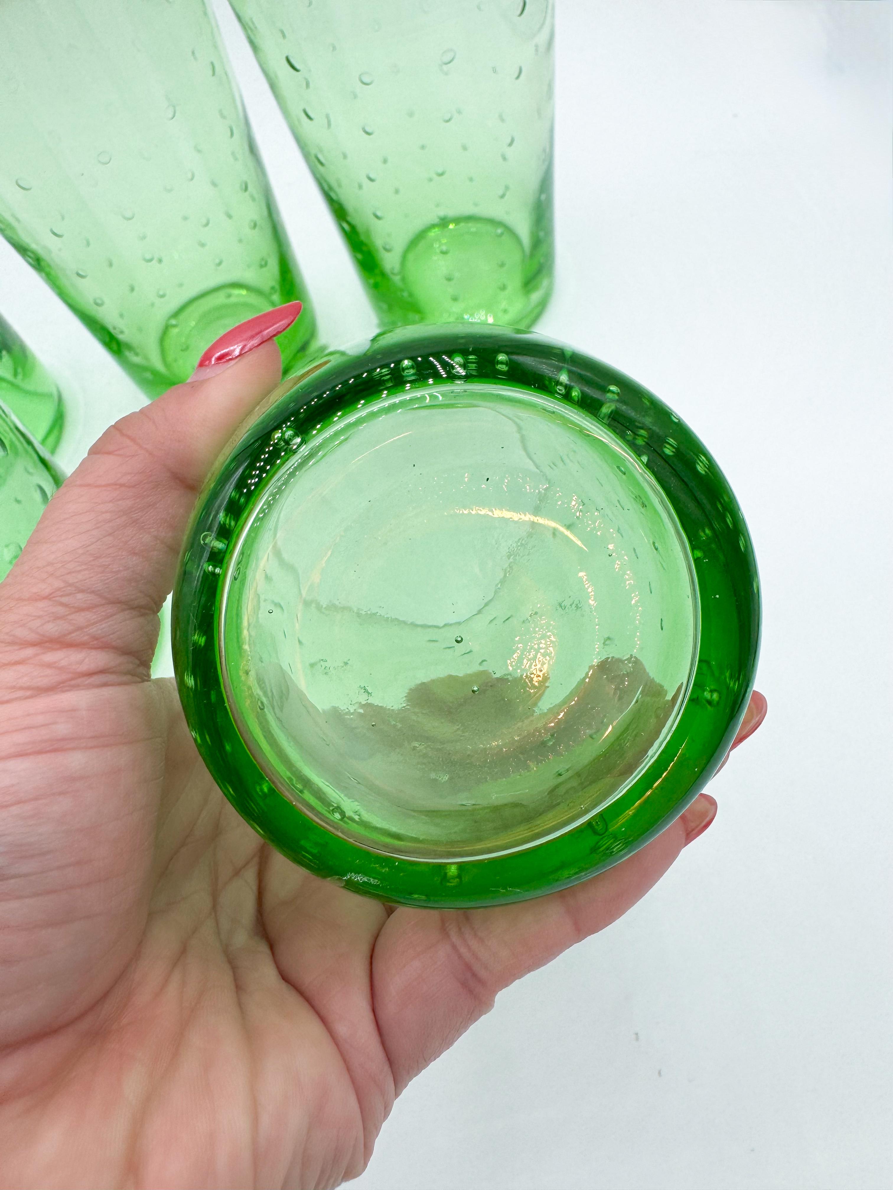 Set of 5 Hand-Blown Green Bubble Glass Tumblers, Mid-Century Modern For Sale 1