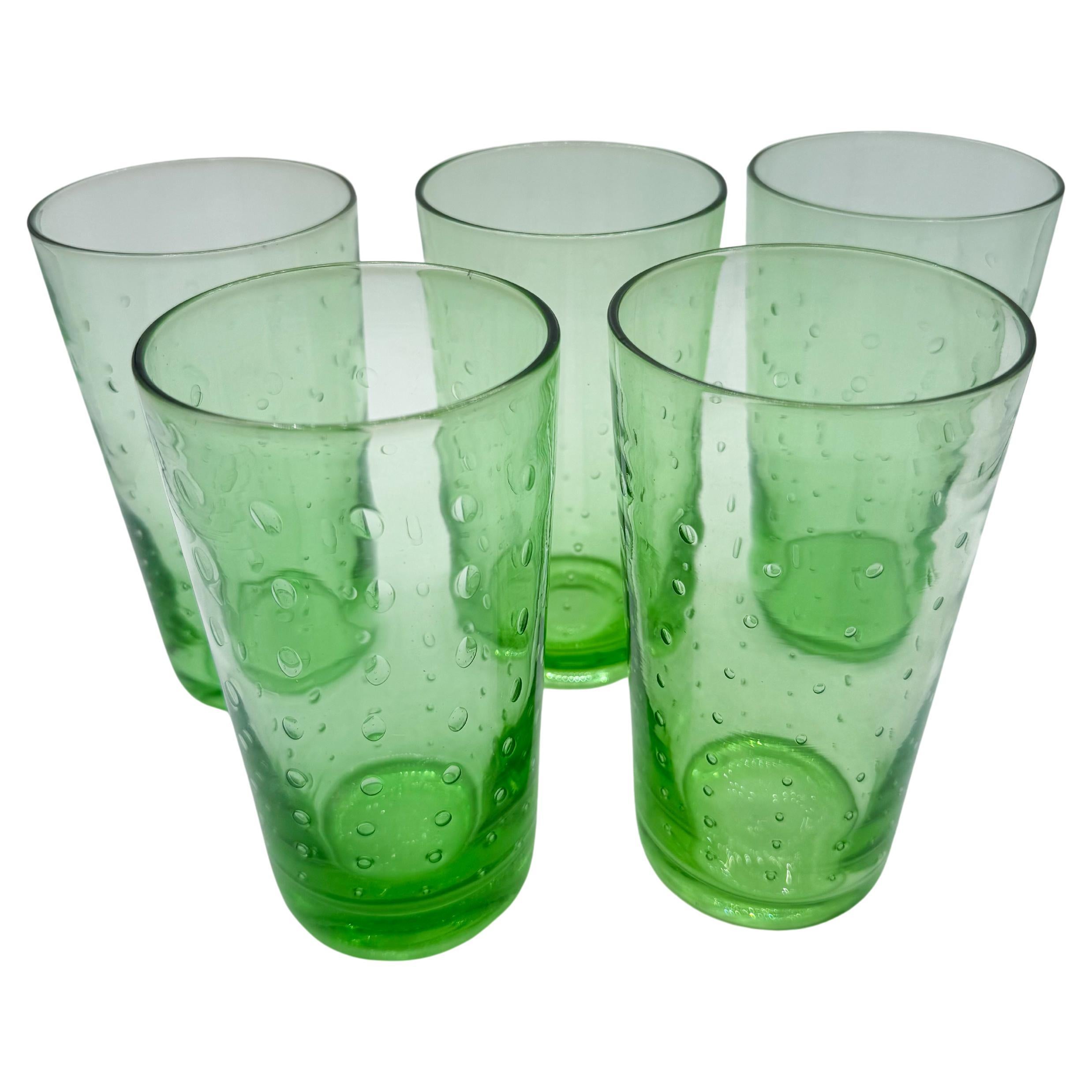 Set of 5 Hand-Blown Green Bubble Glass Tumblers, Mid-Century Modern For Sale