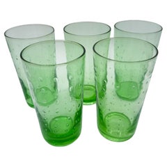 Set of 5 Hand-Blown Green Bubble Glass Tumblers, Mid-Century Modern