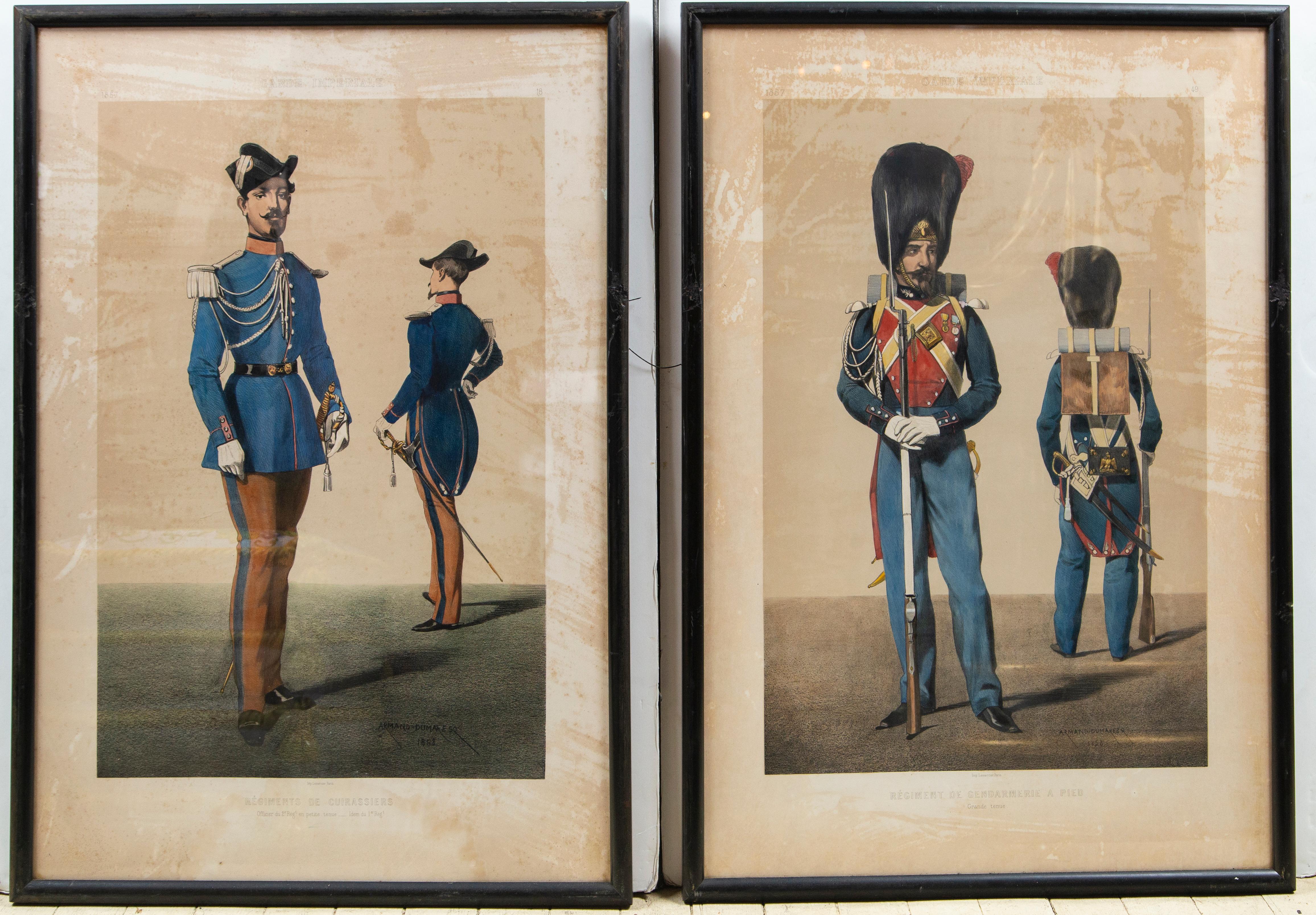 Garde Imperiale at the top of each print.
Brightly colored and matted within frames. Each identified as to the regiment, below the image.
Regiment de Gendarmarie a Pied
Regiment de Cuirassiers ( 2 views)
Regiment de Grenadiers
Artillerie, Regiment a